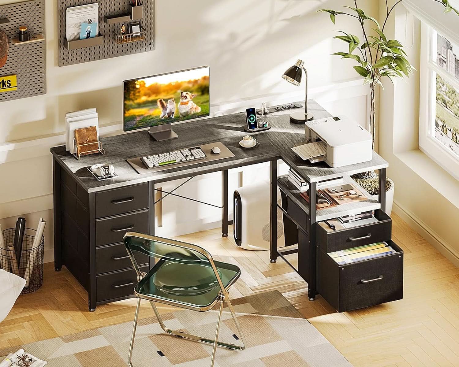L Shaped Computer Desk With 6 Drawers And Power Outlet