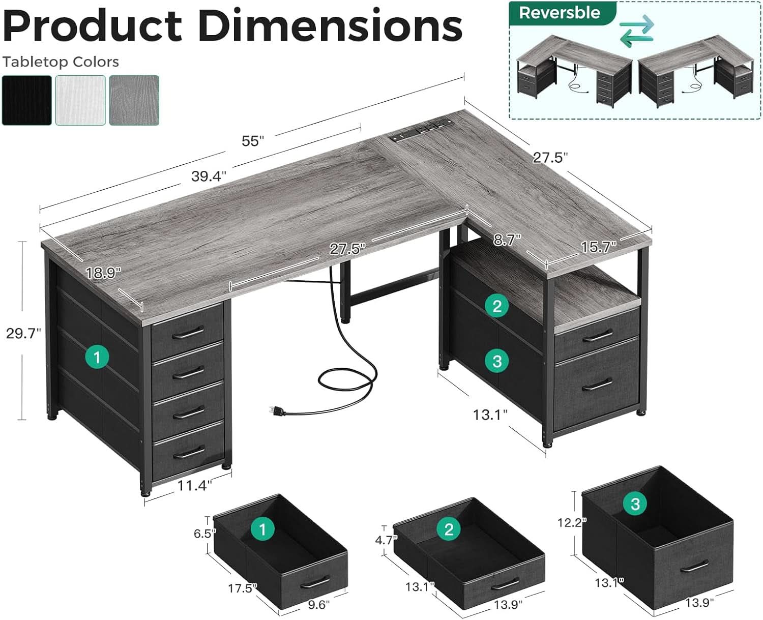 L Shaped Computer Desk With 6 Drawers And Power Outlet