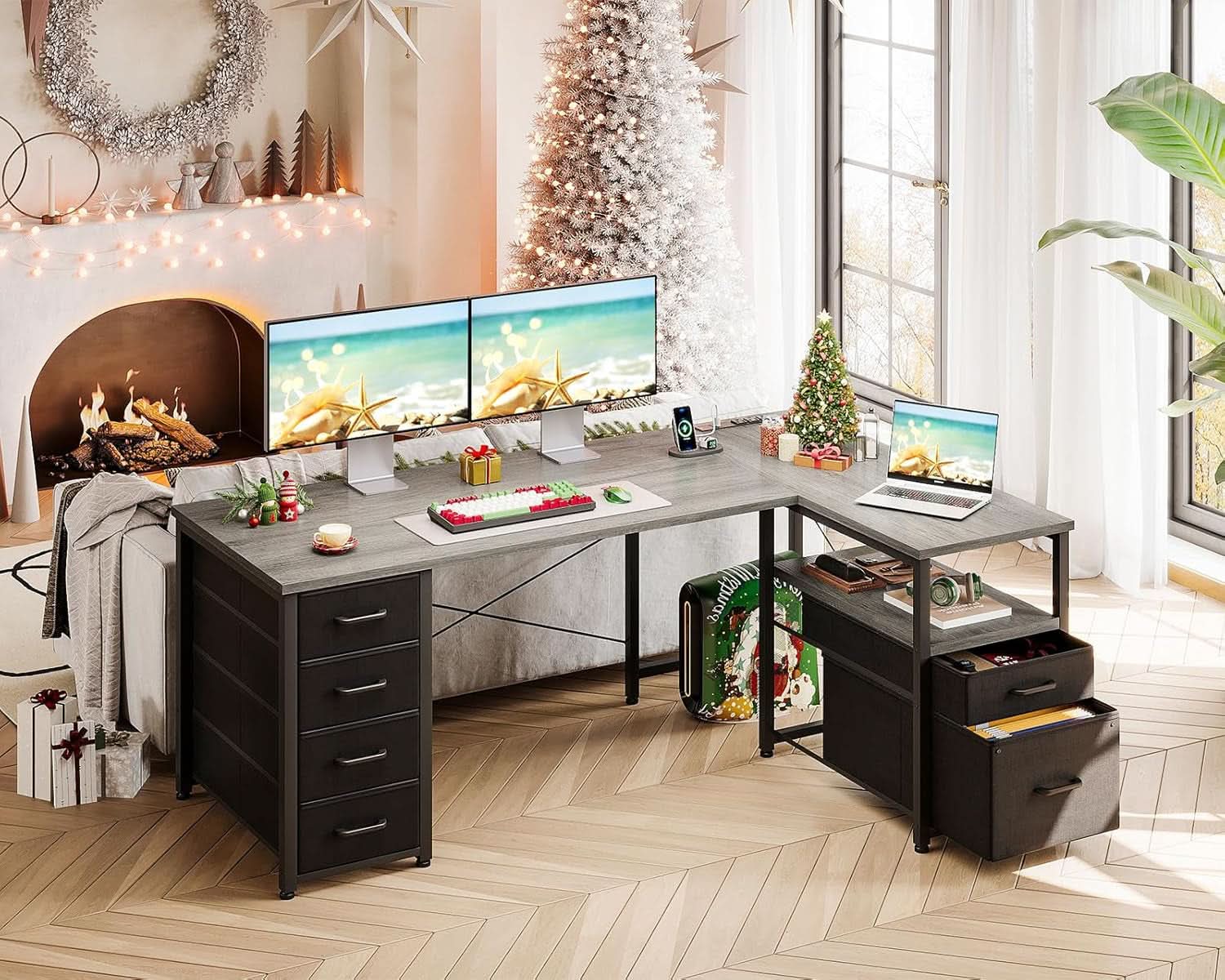 L Shaped Computer Desk With 6 Drawers And Power Outlet