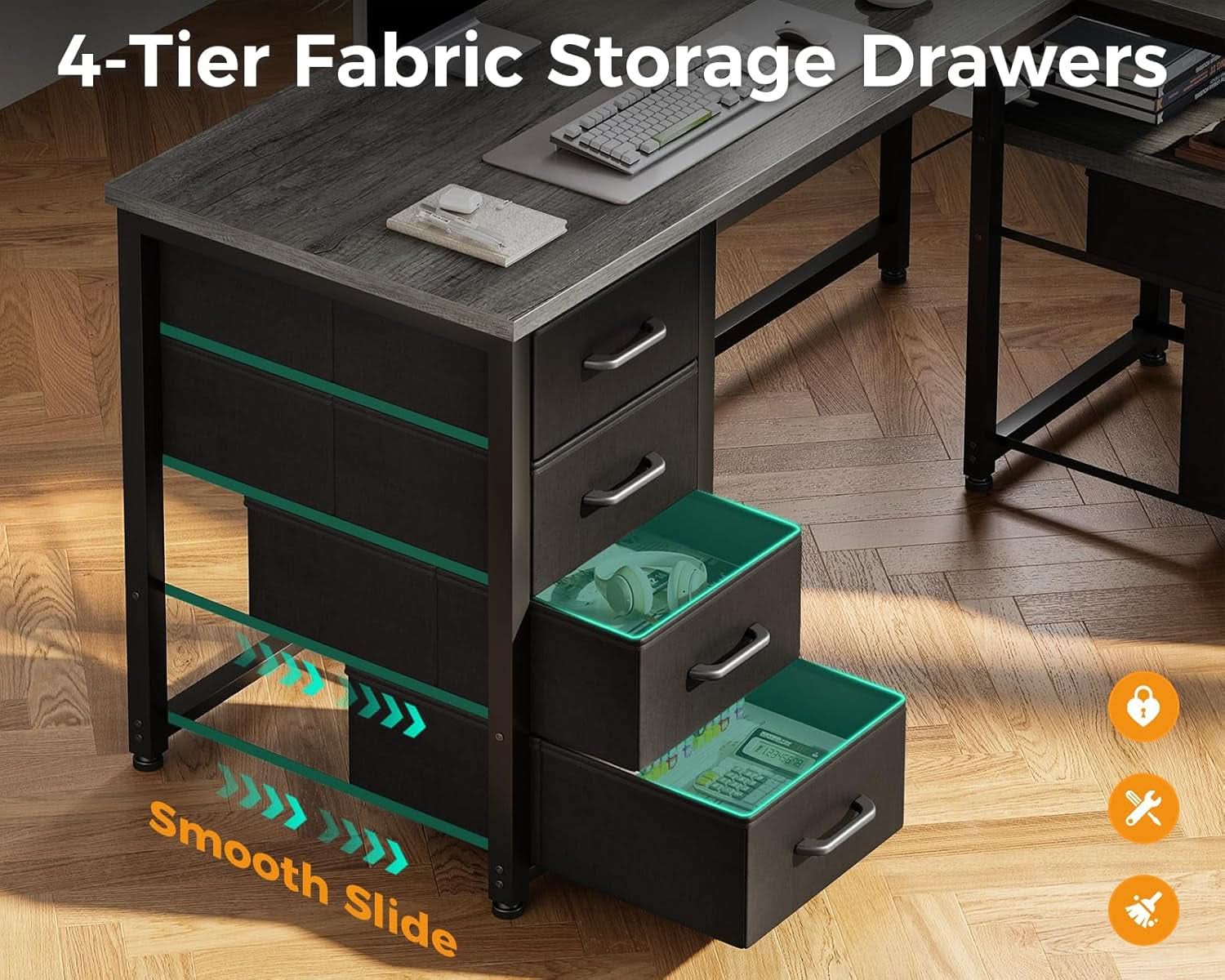 L Shaped Computer Desk With 6 Drawers And Power Outlet