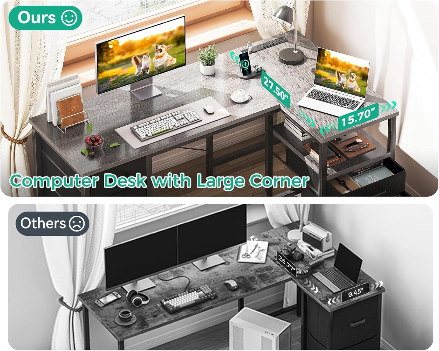 L Shaped Computer Desk With 6 Drawers And Power Outlet