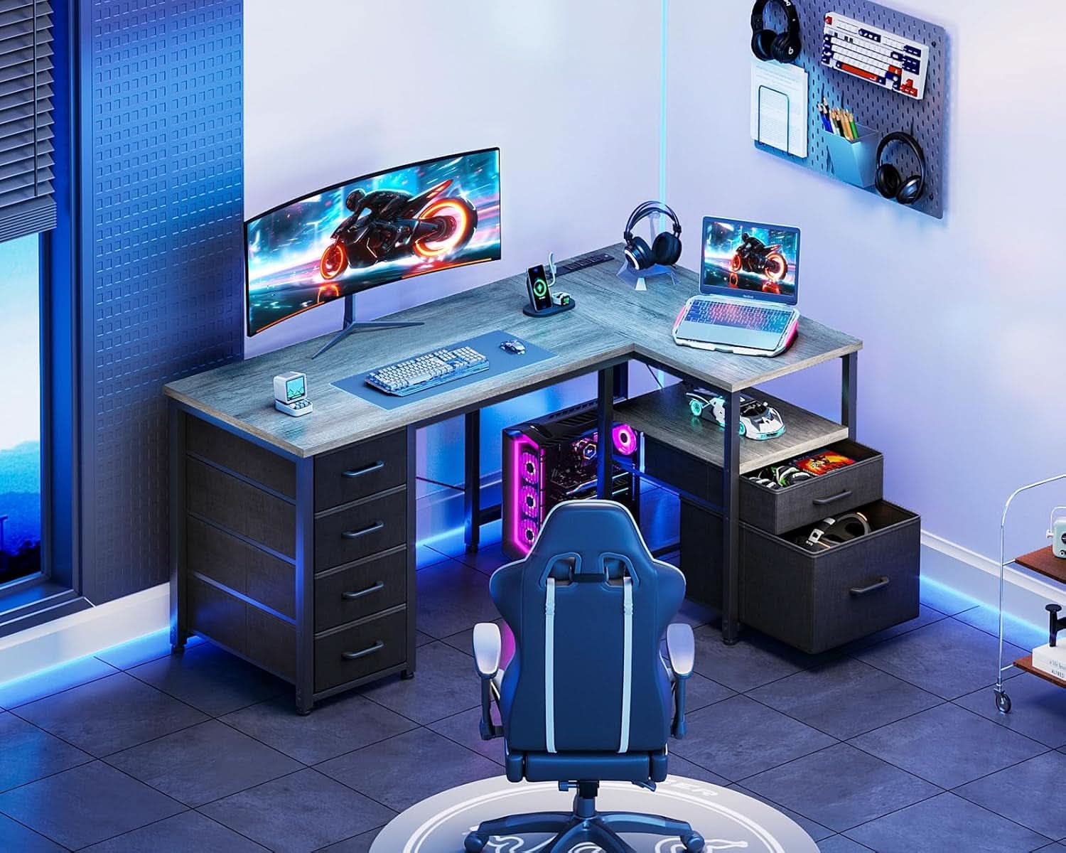 L Shaped Computer Desk With 6 Drawers And Power Outlet