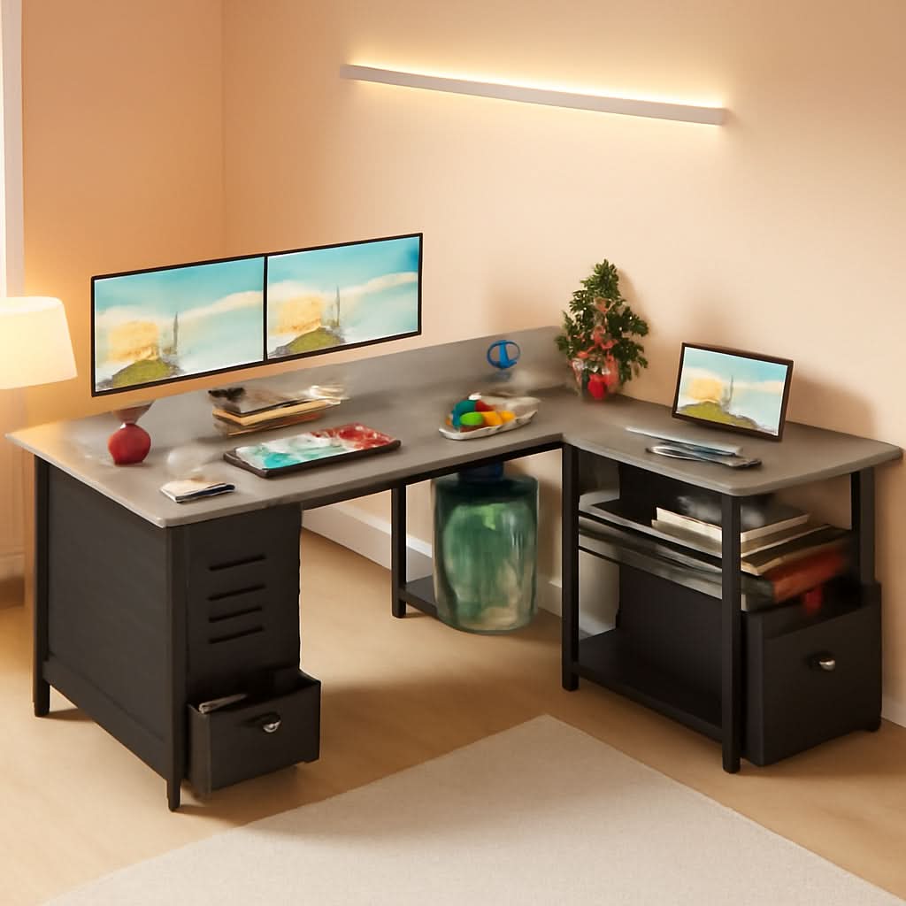 L Shaped Computer Desk With 6 Drawers And Power Outlet