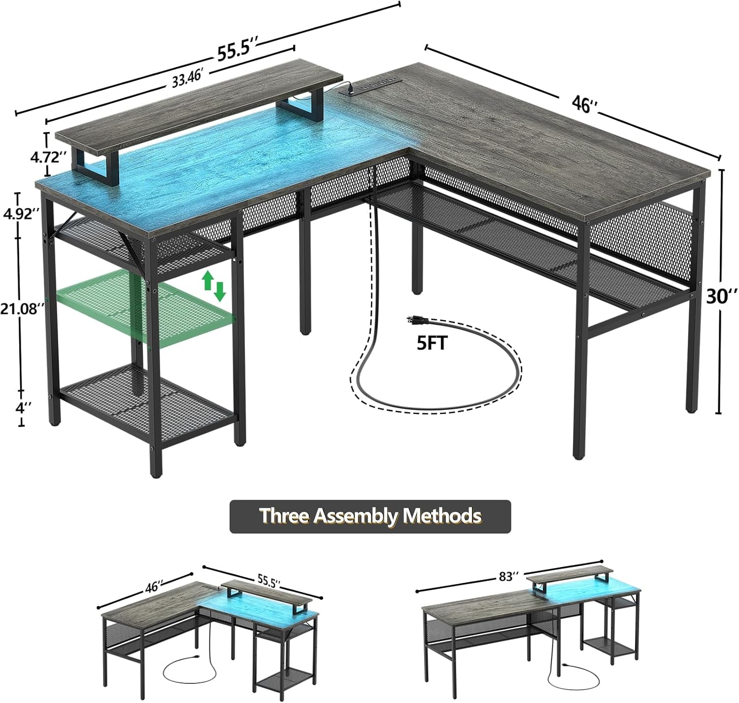 L Shaped Computer Desk With LED Lights And Power Outlets