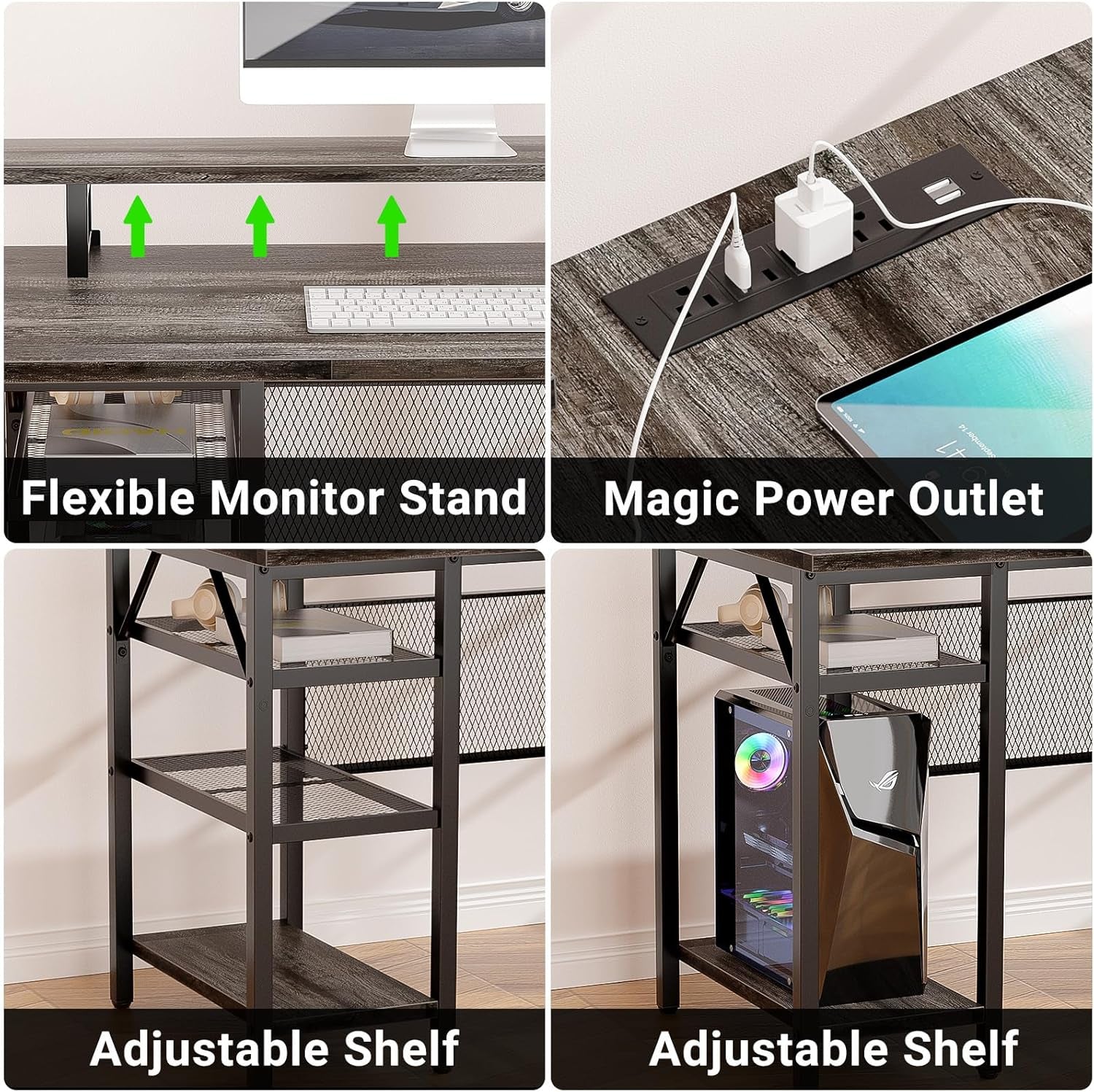 L Shaped Computer Desk With LED Lights And Power Outlets
