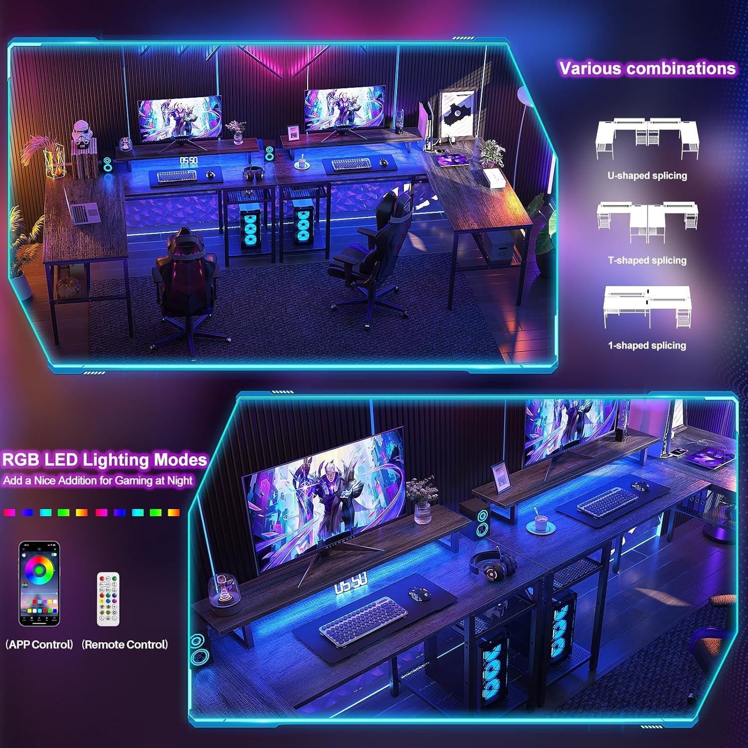 L Shaped Computer Desk With LED Lights And Power Outlets