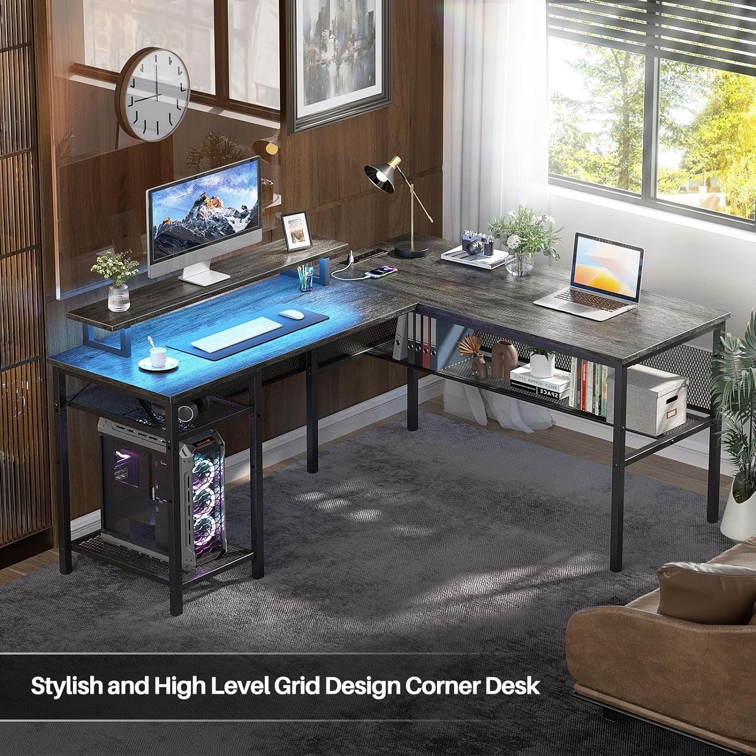 L Shaped Computer Desk With LED Lights And Power Outlets