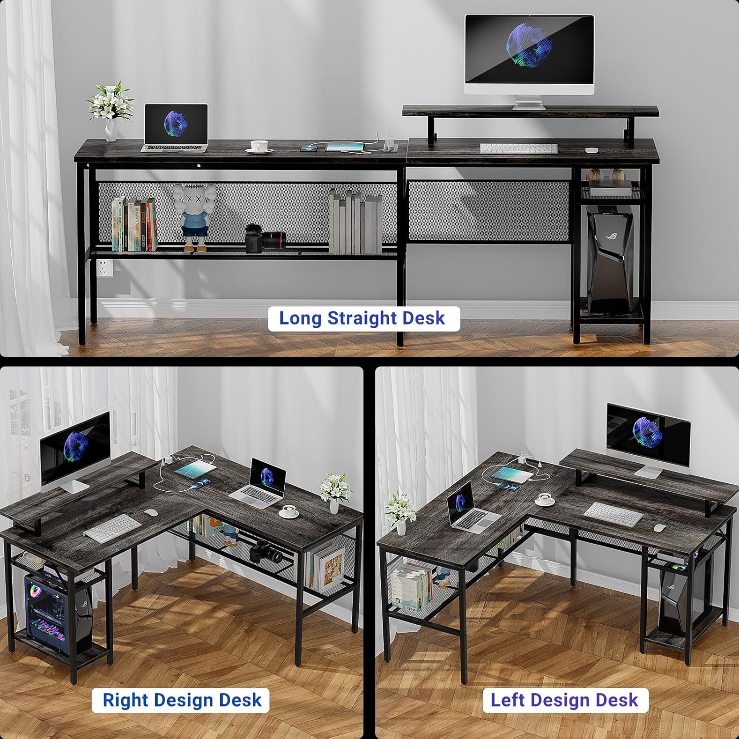 L Shaped Computer Desk With LED Lights And Power Outlets
