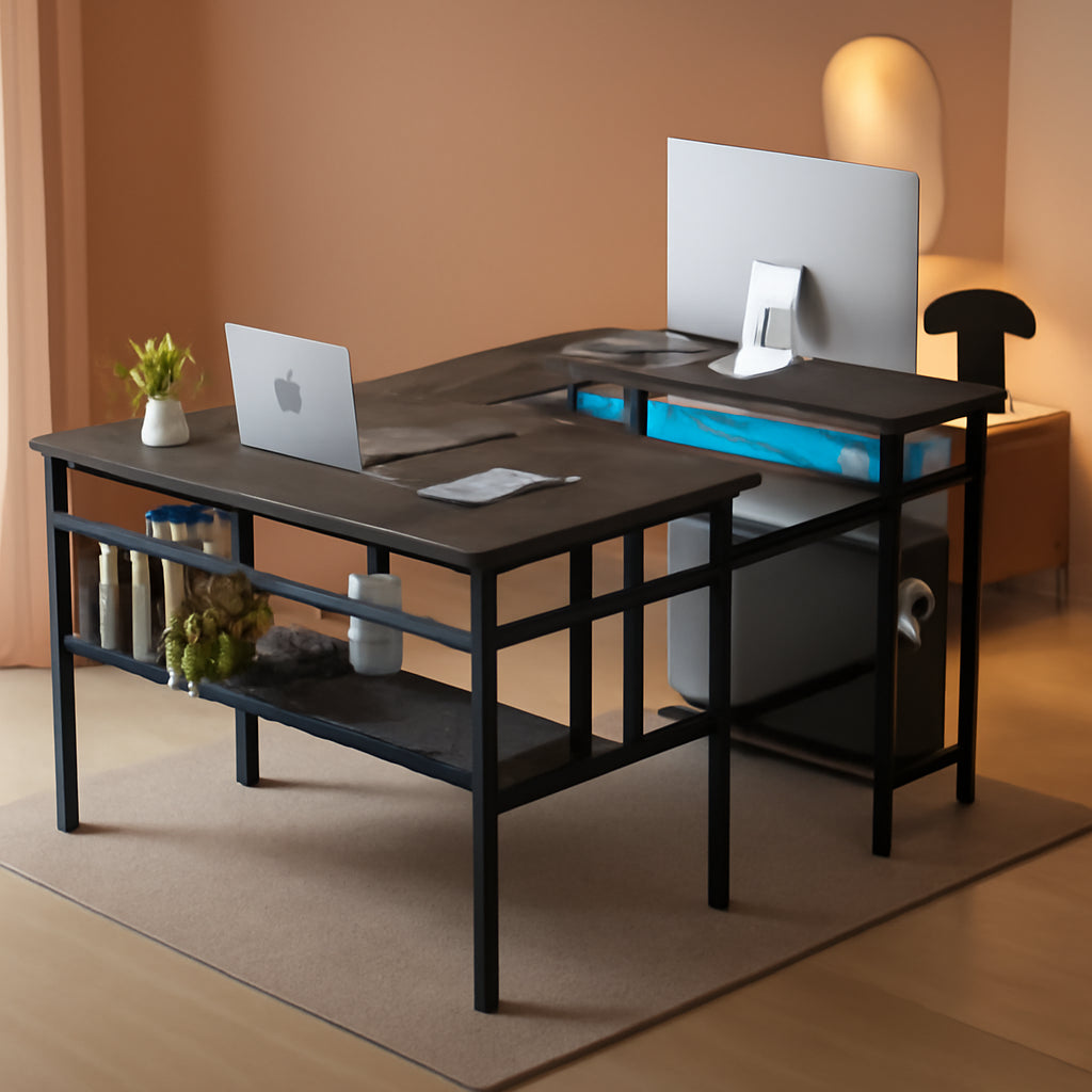 L Shaped Computer Desk With LED Lights And Power Outlets