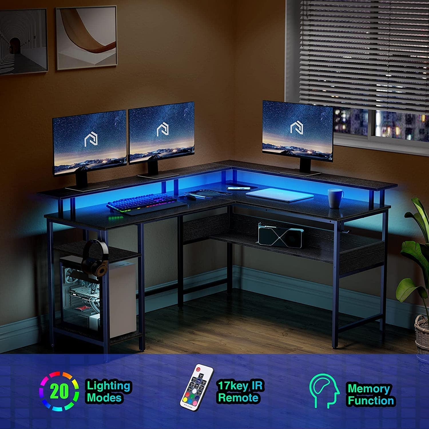 L-Shaped Computer Desk With LED Strip, 59.4in Wide, Black