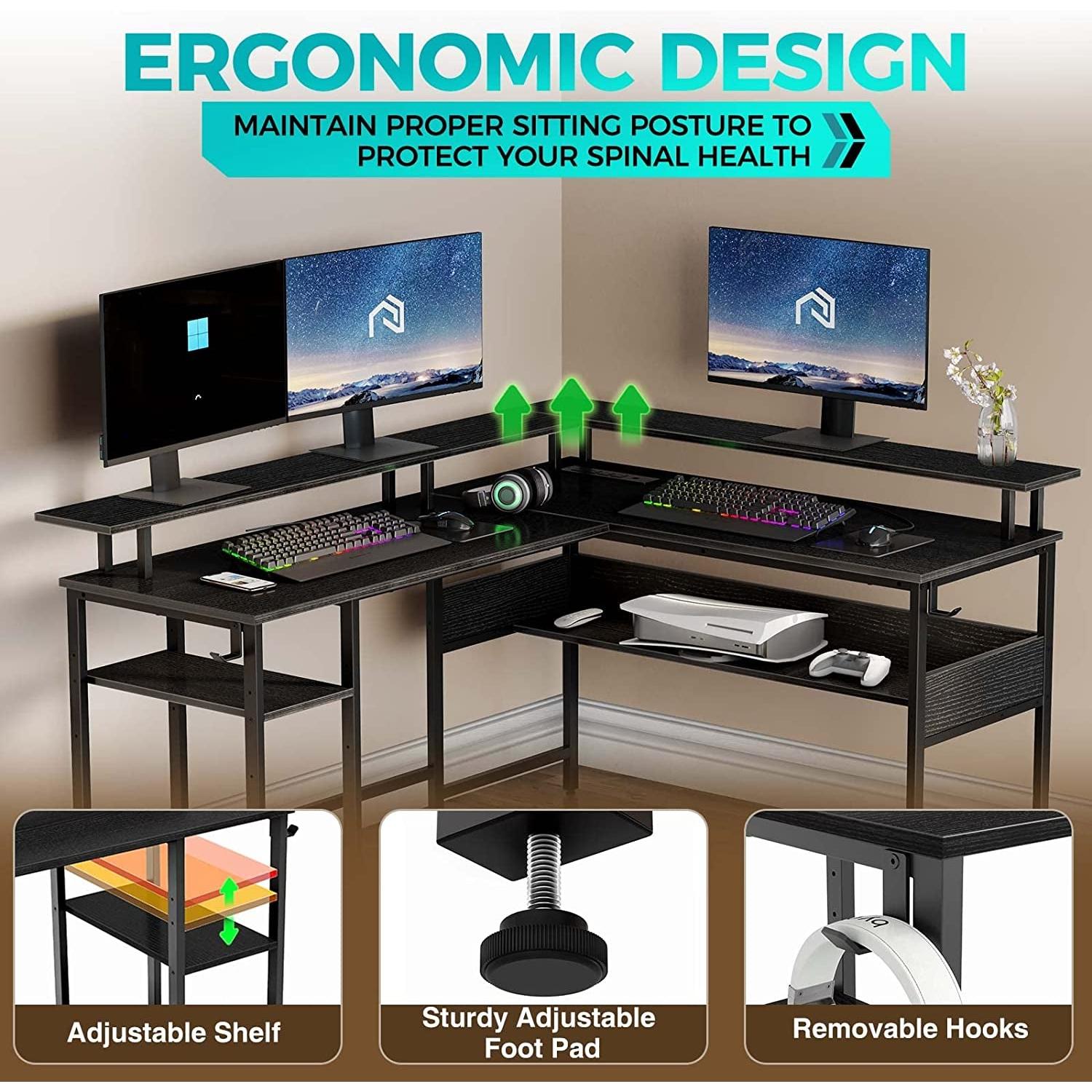 L-Shaped Computer Desk With LED Strip, 59.4in Wide, Black