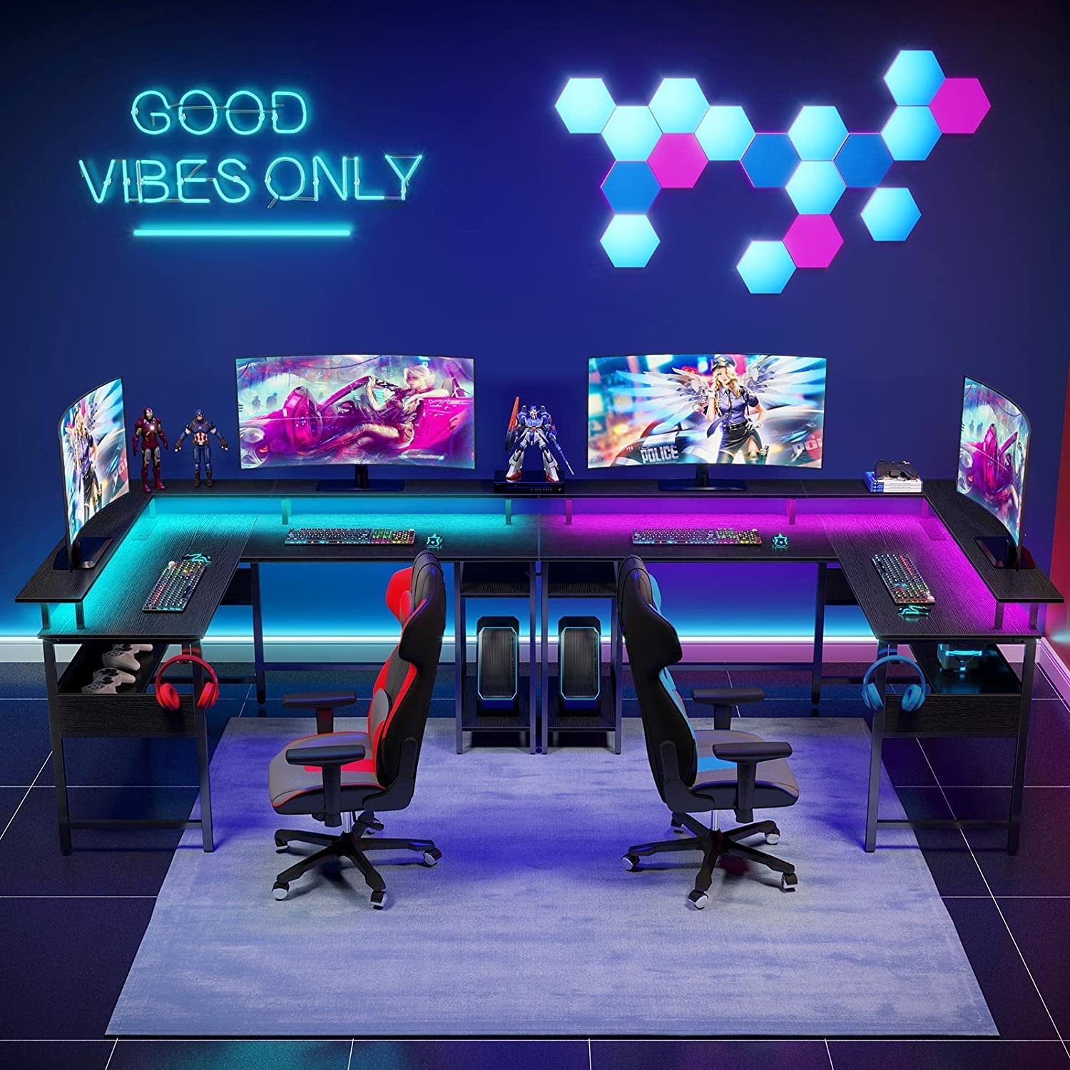 L-Shaped Computer Desk With LED Strip, 59.4in Wide, Black