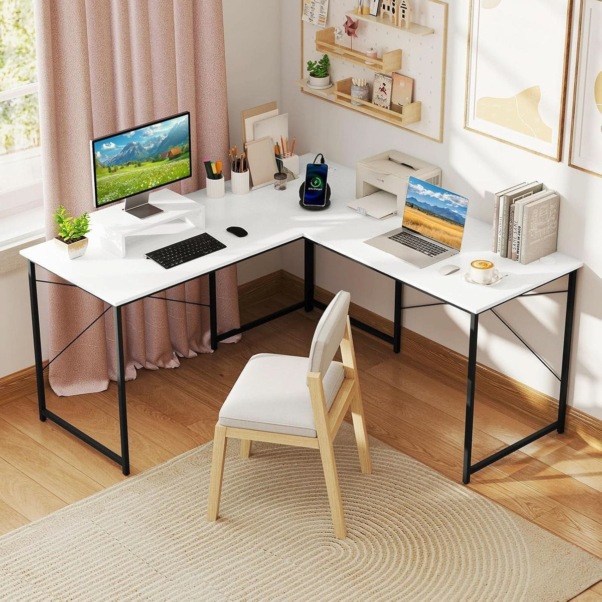 L Shaped Computer Desk With USB Ports And Monitor Shelf 95 Inch Two Person