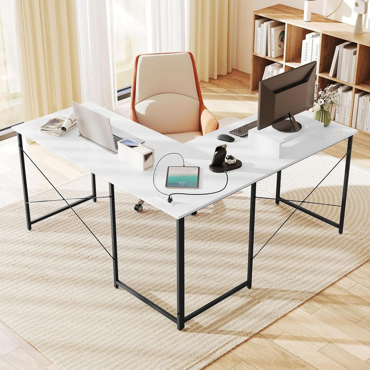 L Shaped Computer Desk With USB Ports And Monitor Shelf 95 Inch Two Person