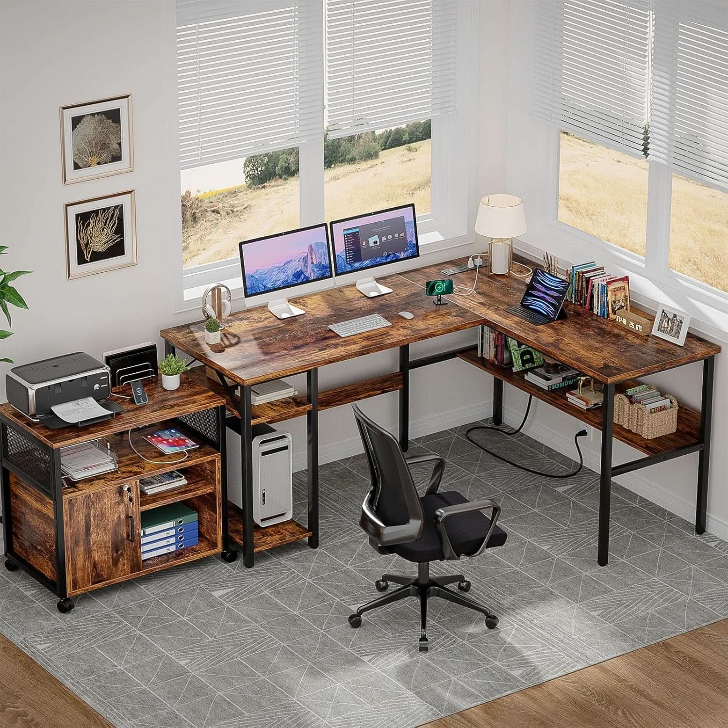 L Shaped Computer Desk With USB Ports And Power Outlets Rustic Brown