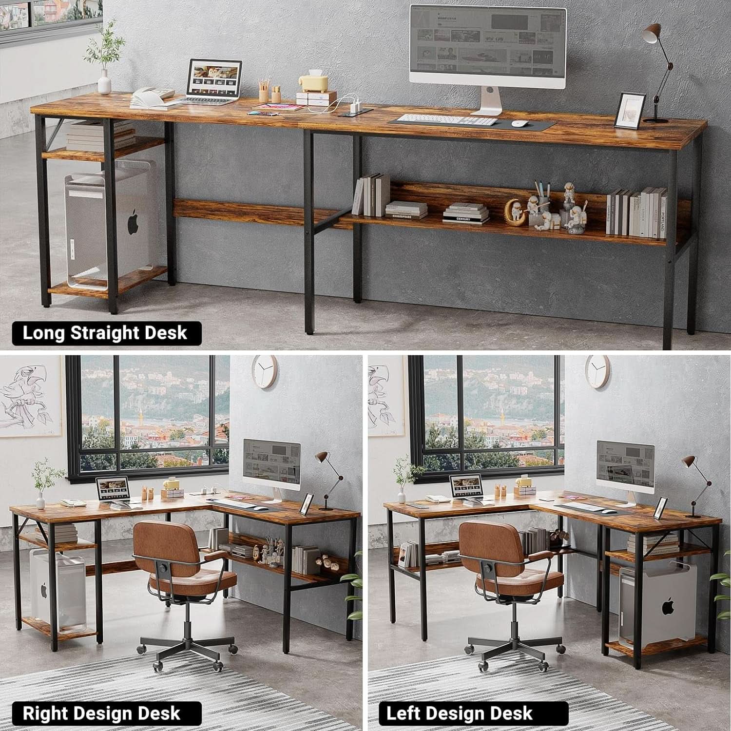 L Shaped Computer Desk With USB Ports And Power Outlets Rustic Brown