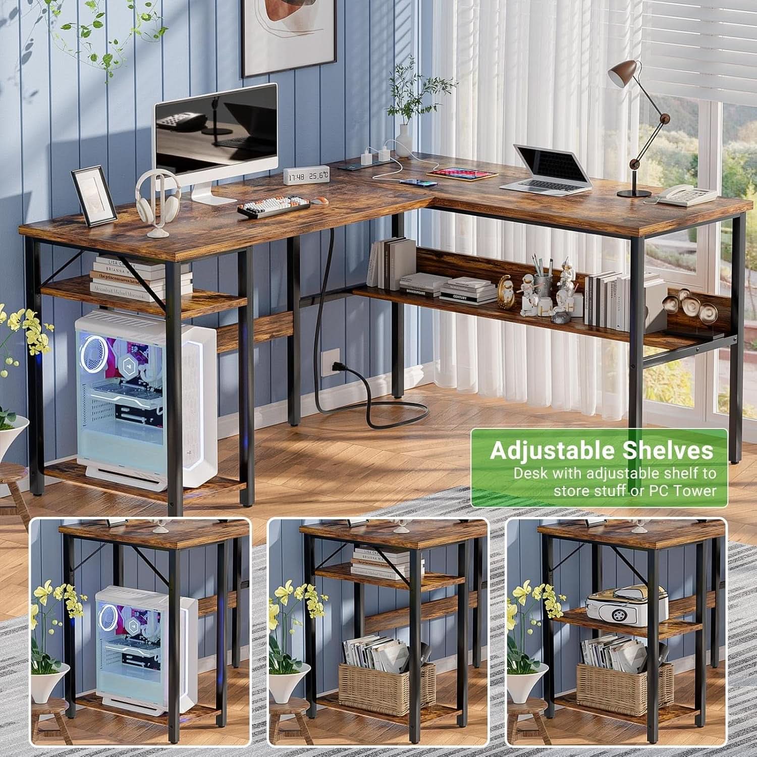 L Shaped Computer Desk With USB Ports And Power Outlets Rustic Brown