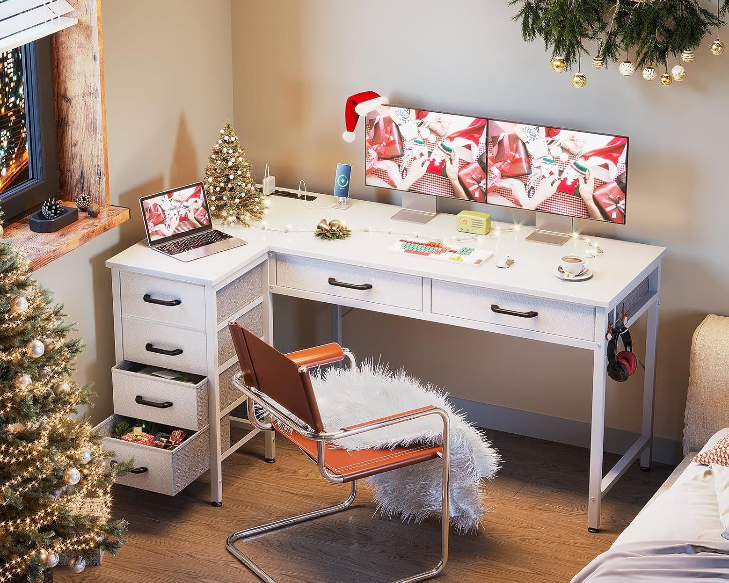 L Shaped Computer Desk with Drawers and Power Outlets