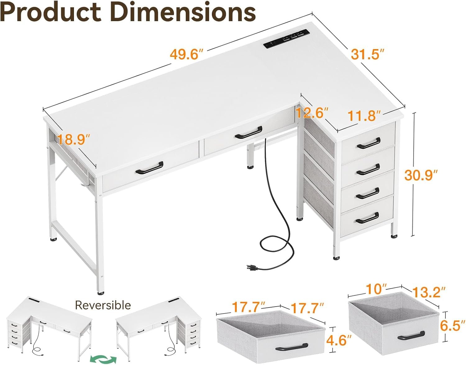 L Shaped Computer Desk with Drawers and Power Outlets
