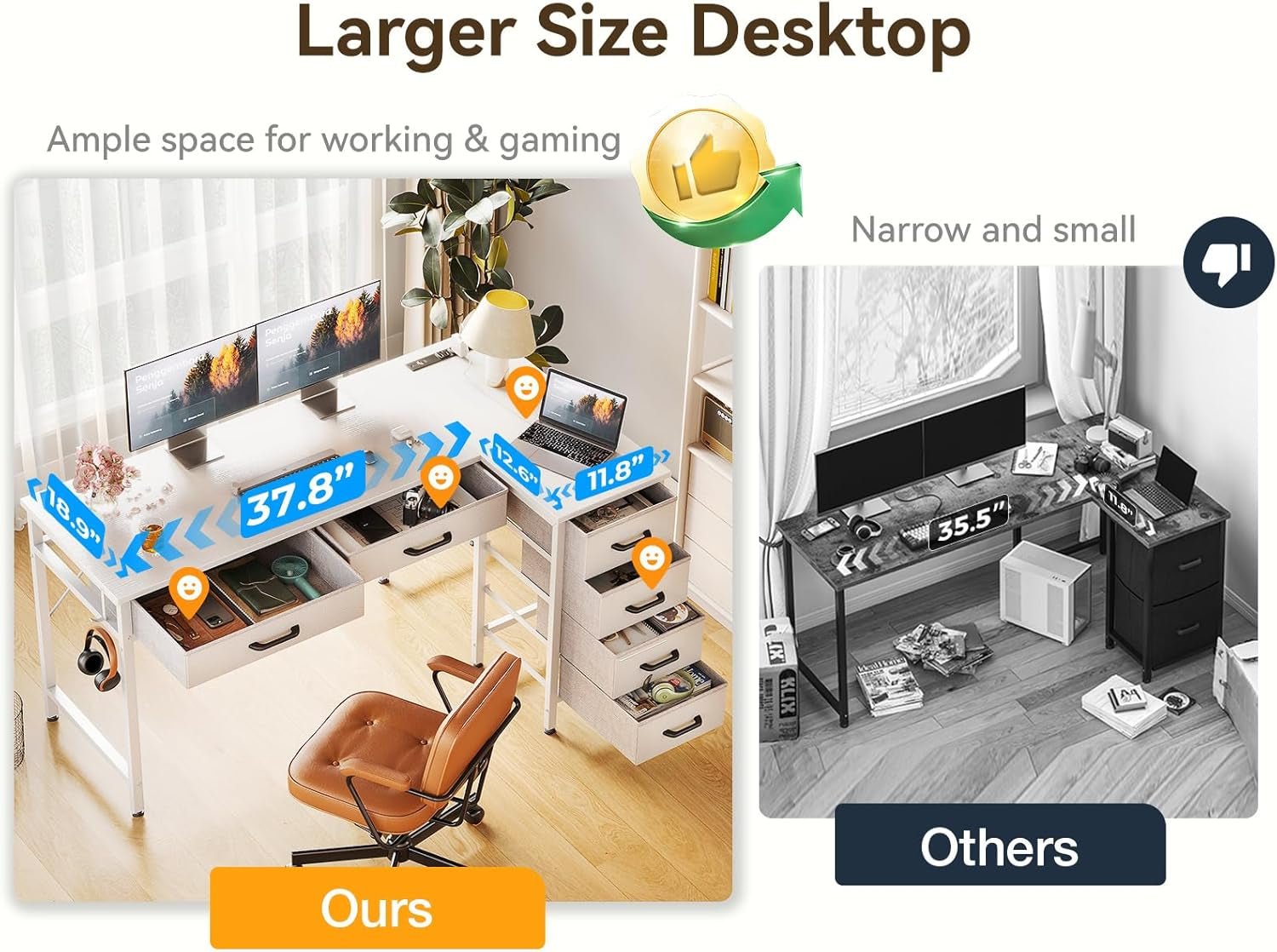 L Shaped Computer Desk with Drawers and Power Outlets