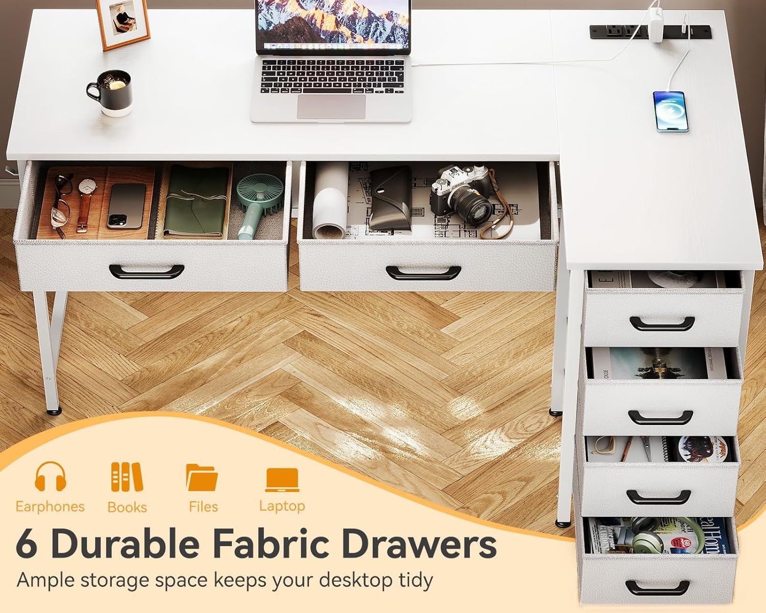 L Shaped Computer Desk with Drawers and Power Outlets