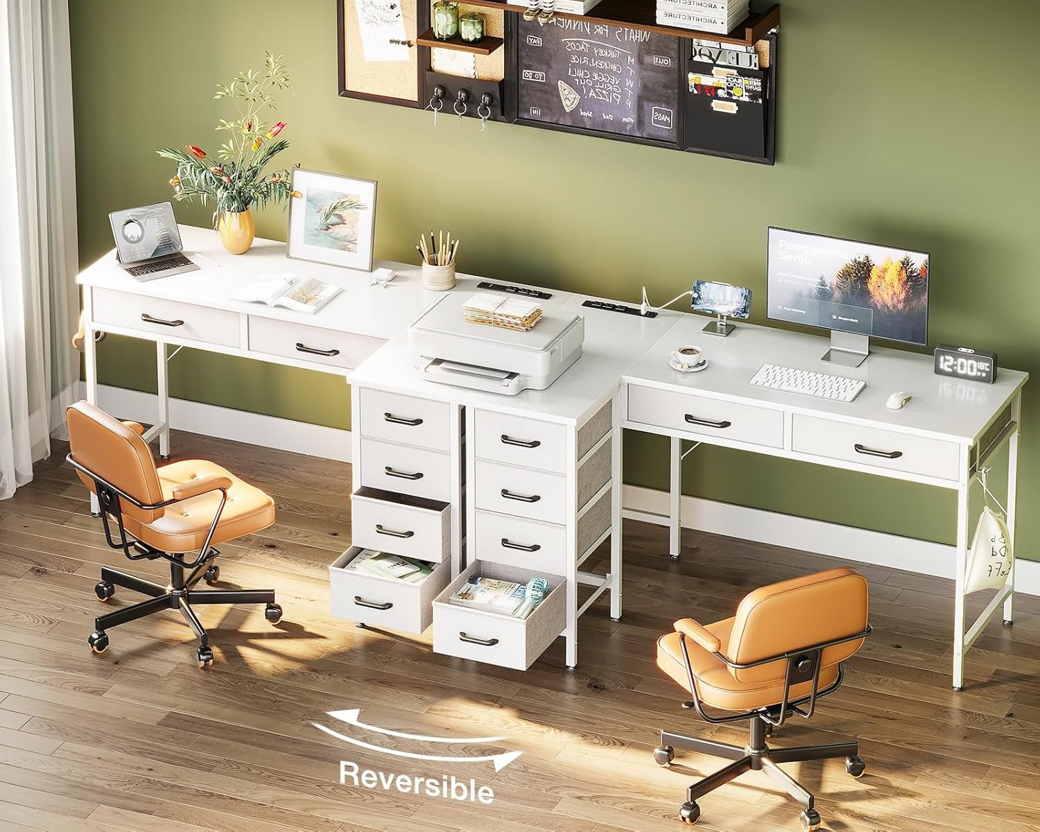 L Shaped Computer Desk with Drawers and Power Outlets