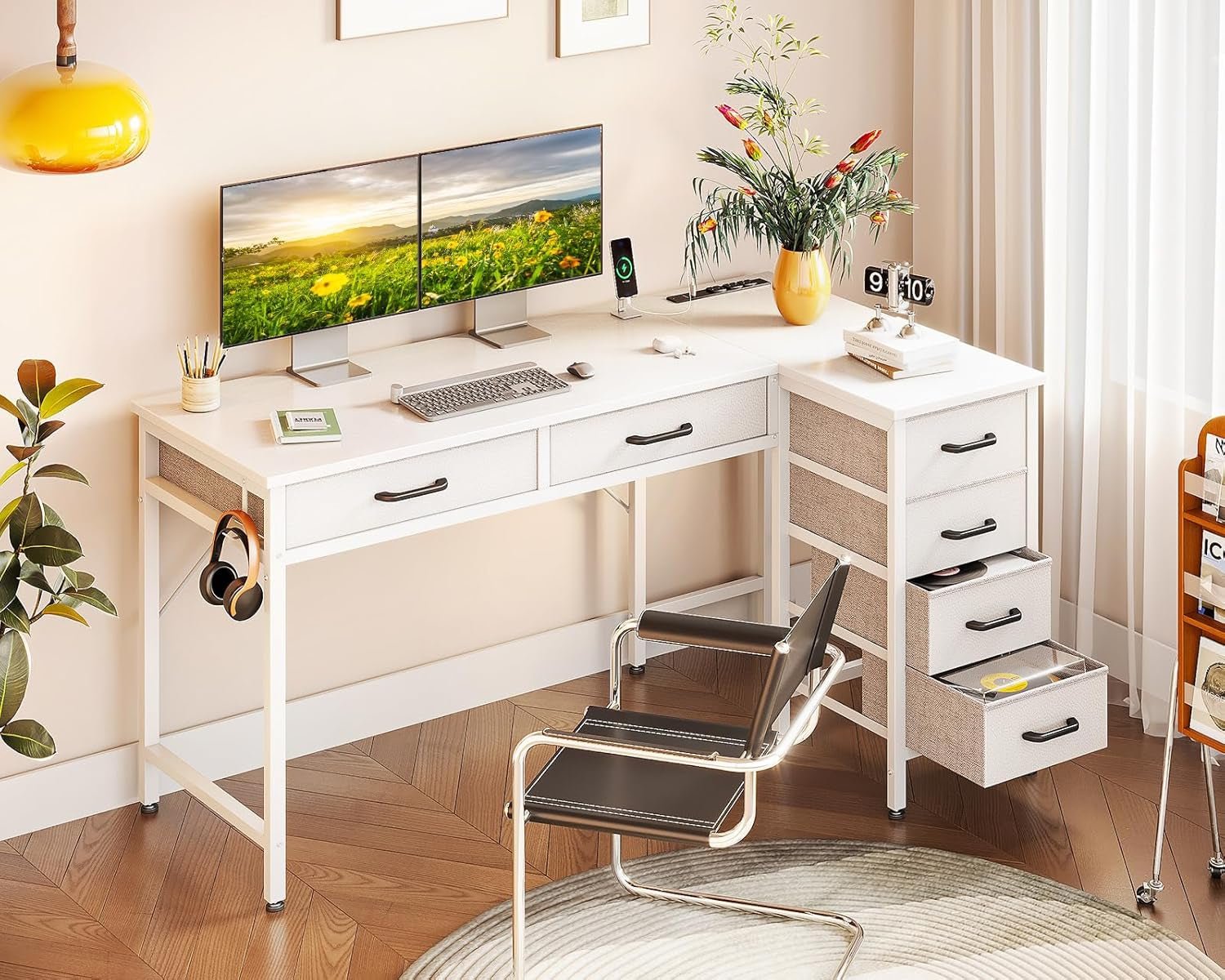 L Shaped Computer Desk with Drawers and Power Outlets