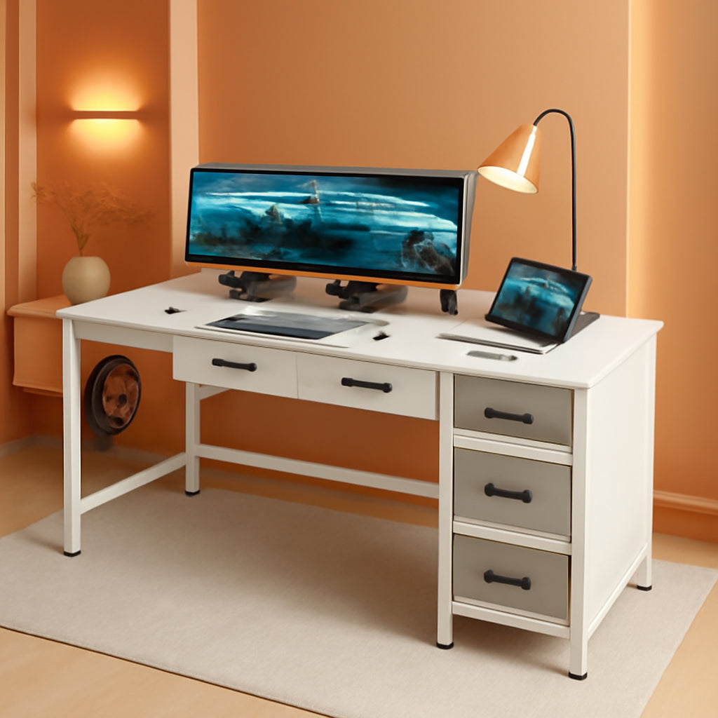 L Shaped Computer Desk with Drawers and Power Outlets