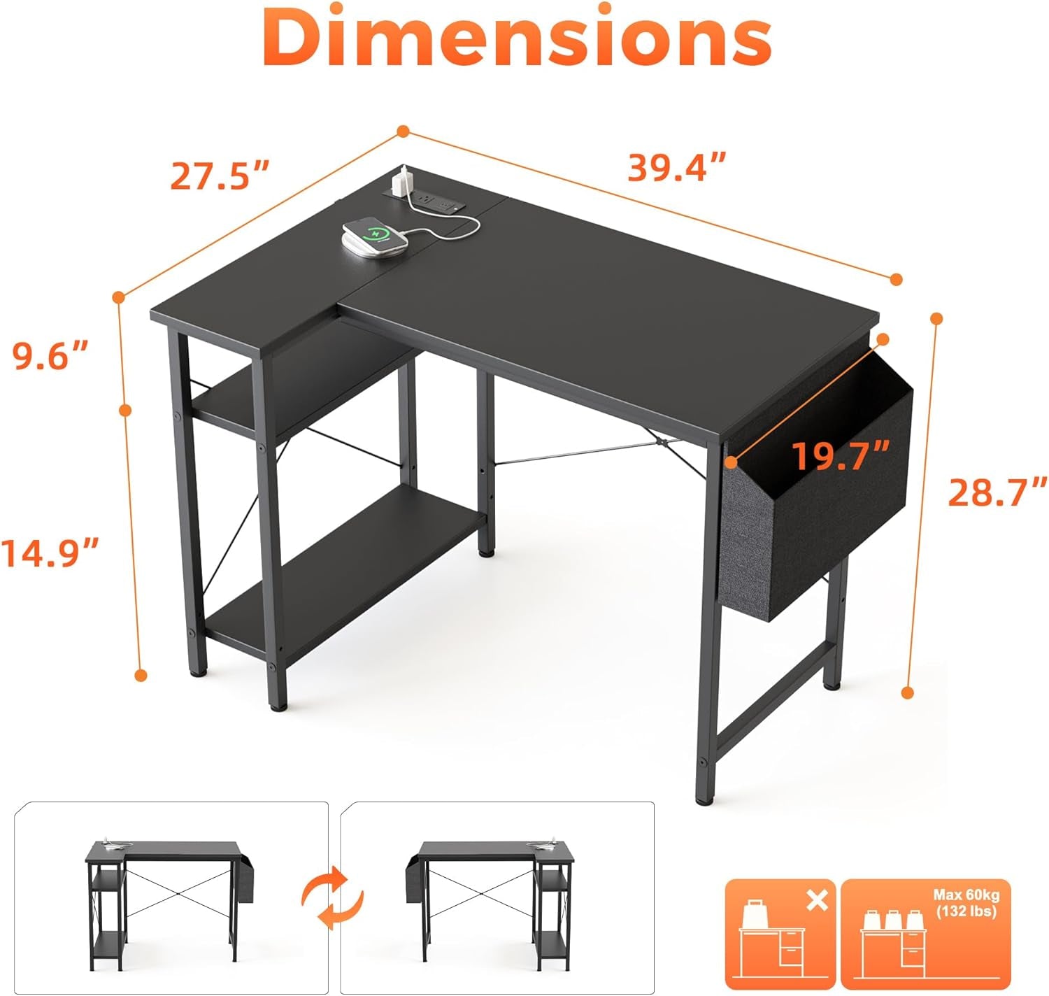 L Shaped Computer Desk with Power Outlets and Shelves