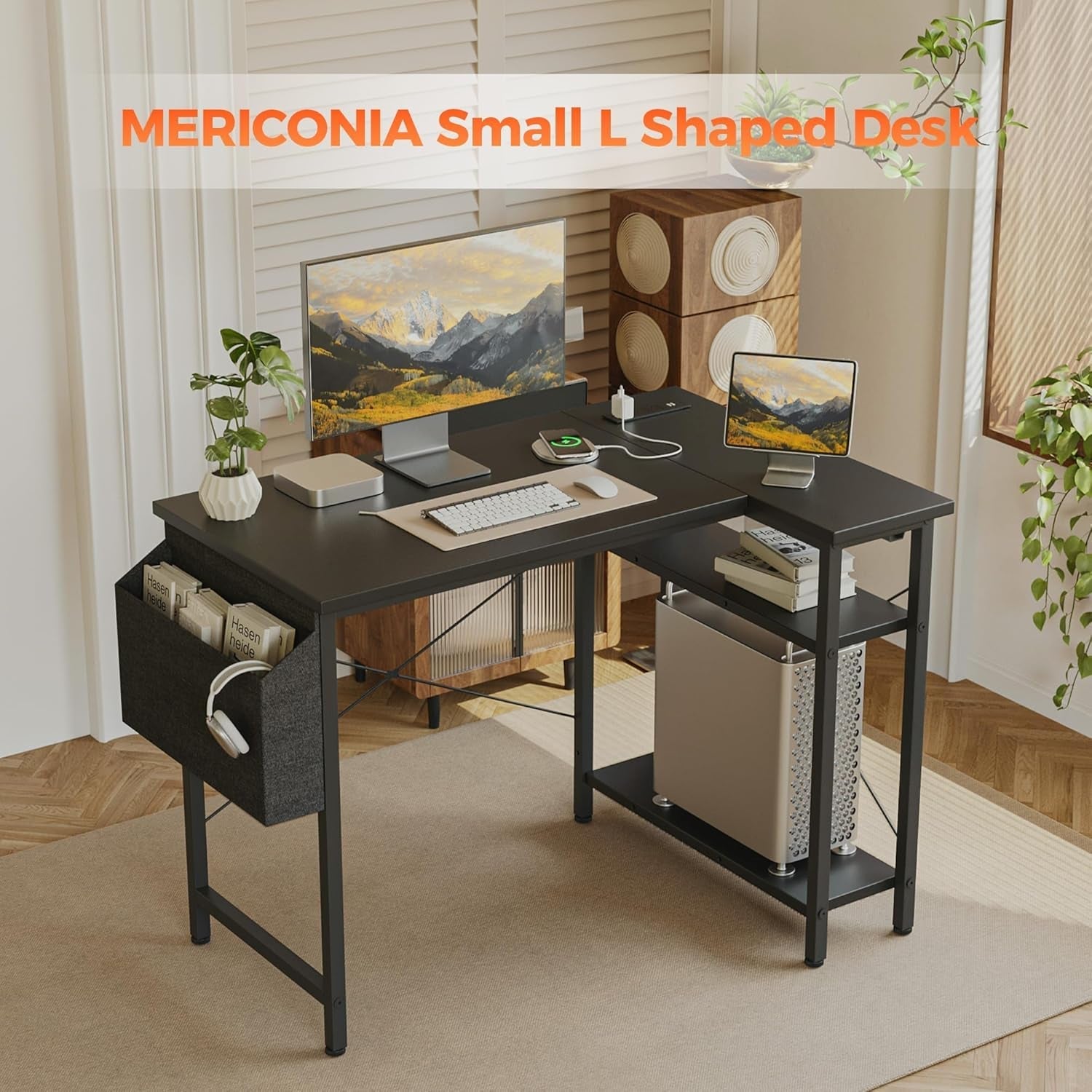 L Shaped Computer Desk with Power Outlets and Shelves