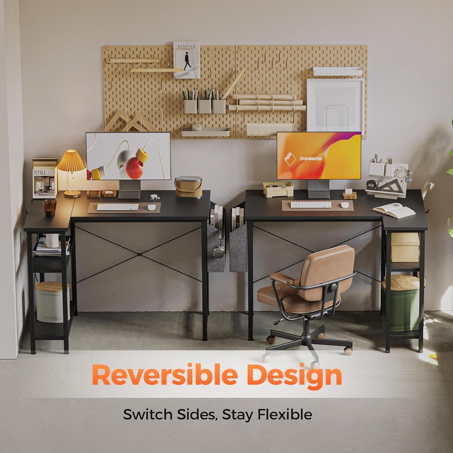 L Shaped Computer Desk with Power Outlets and Shelves