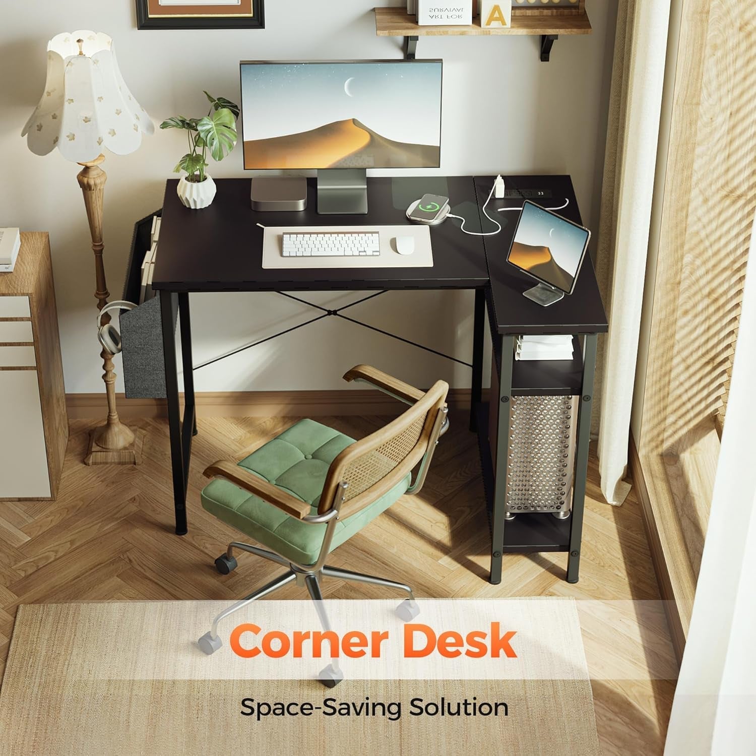 L Shaped Computer Desk with Power Outlets and Shelves