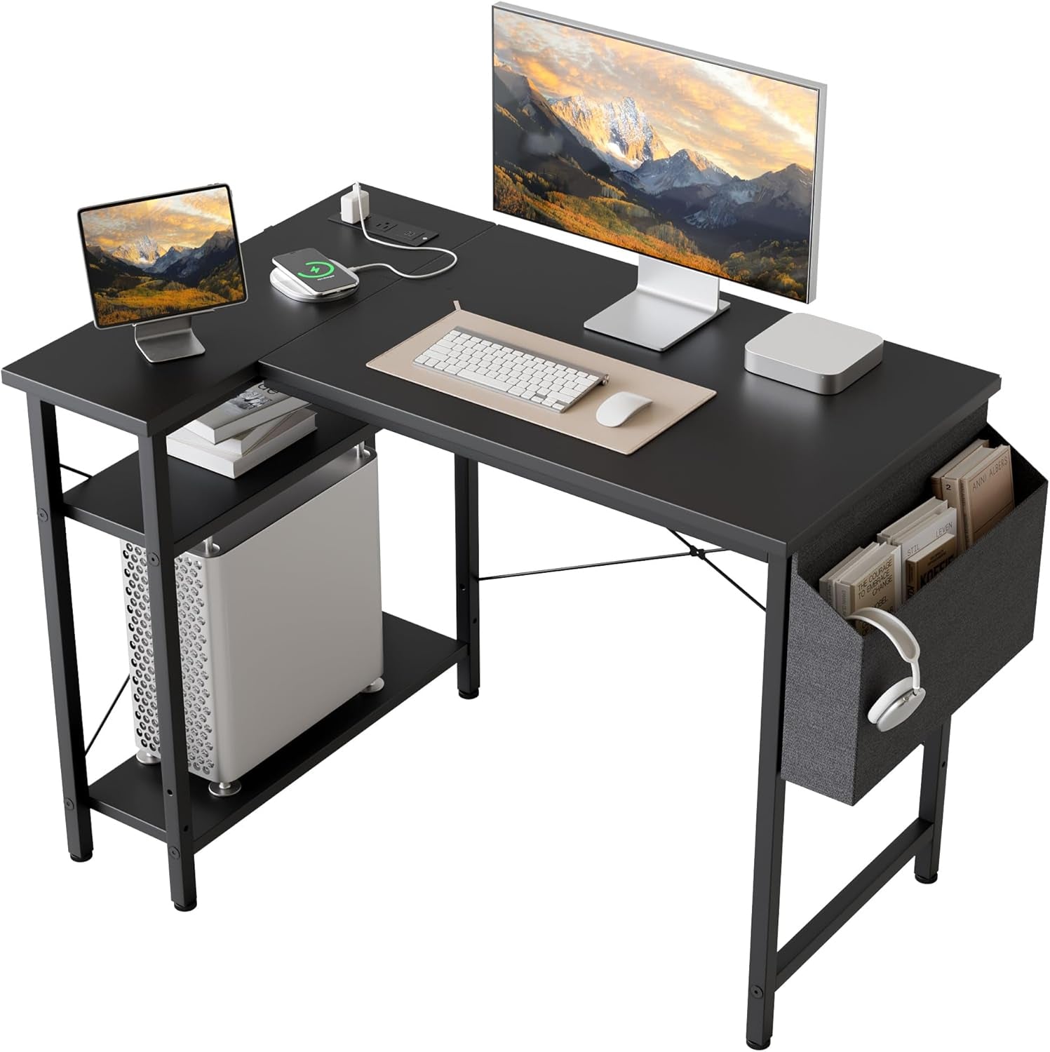 L Shaped Computer Desk with Power Outlets and Shelves