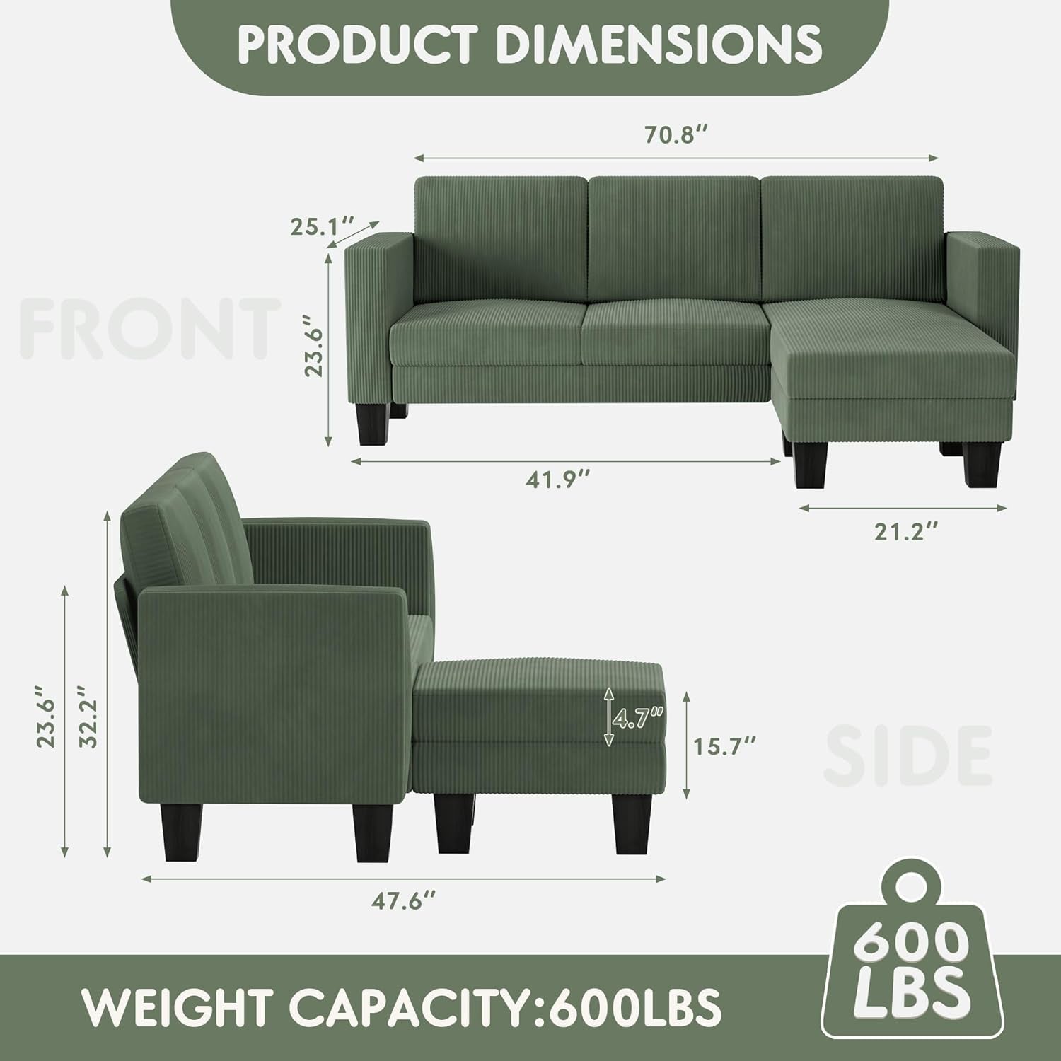 L-Shaped Convertible Sofa 3 Seater In Green With Footrest