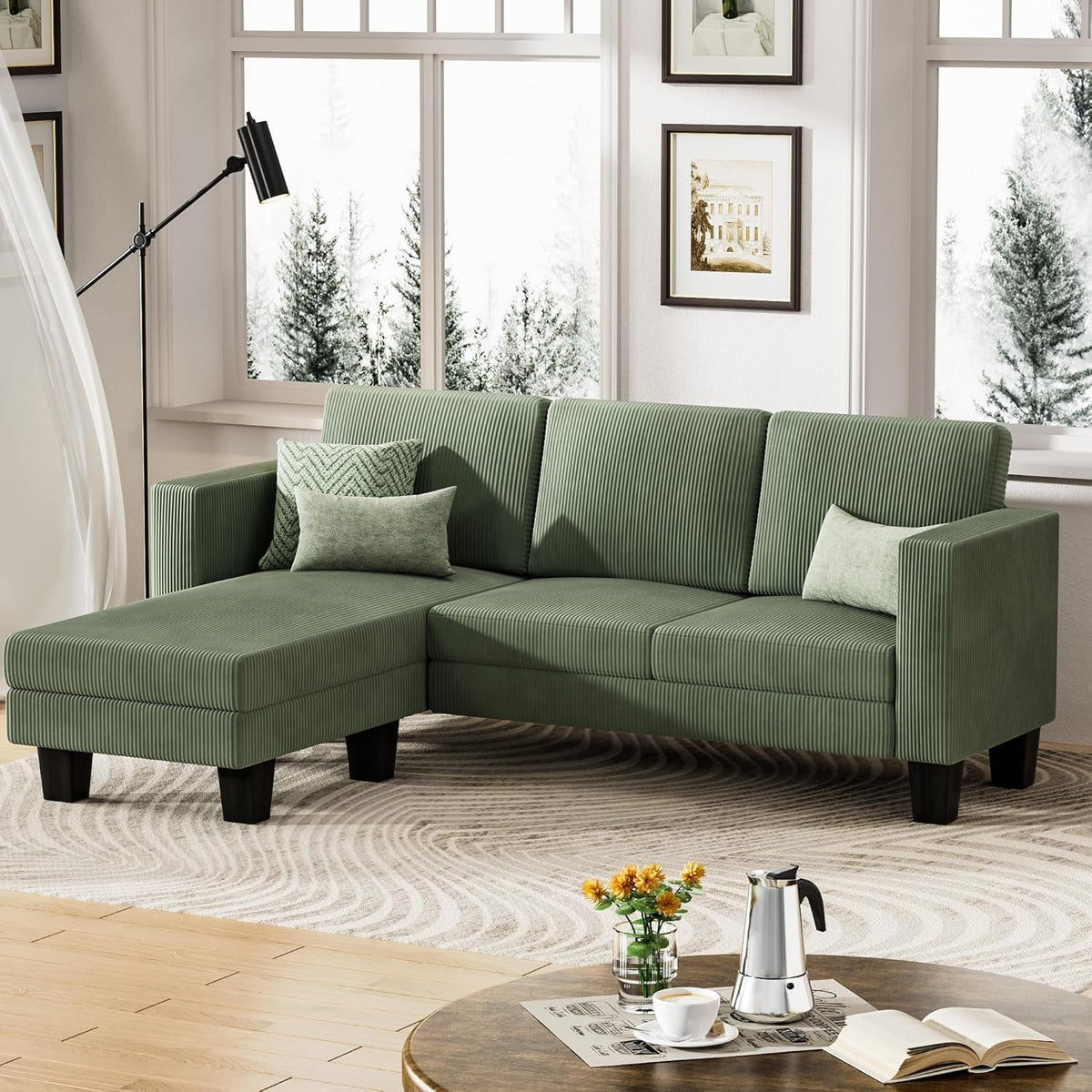 L-Shaped Convertible Sofa 3 Seater In Green With Footrest