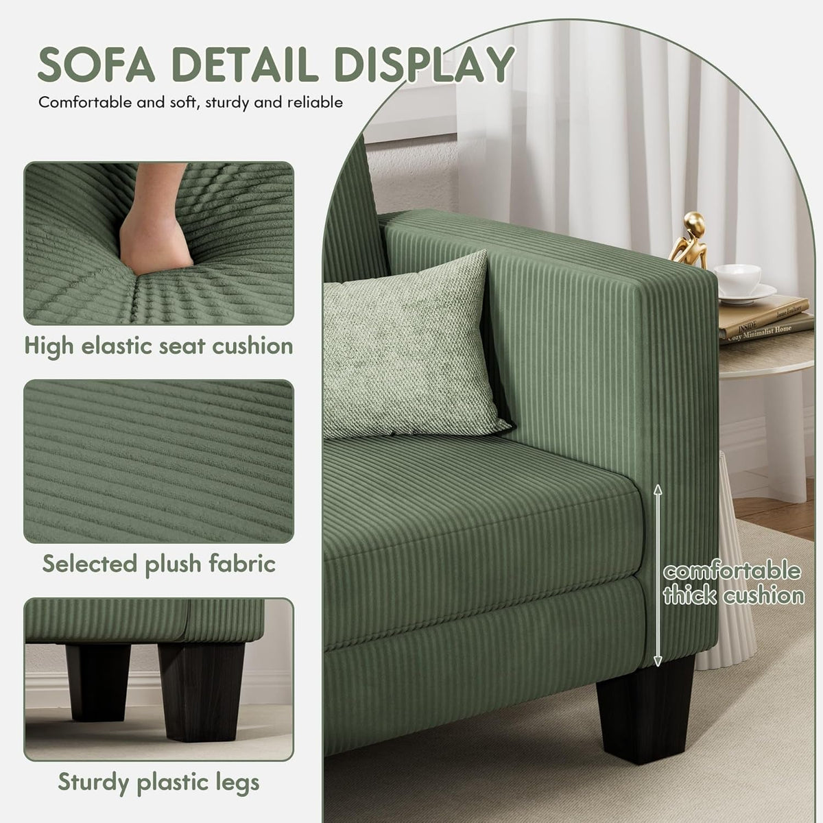 L-Shaped Convertible Sofa 3 Seater In Green With Footrest