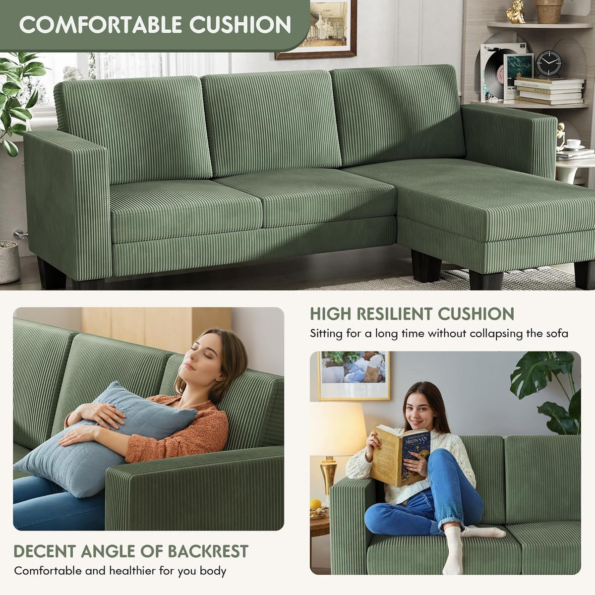 L-Shaped Convertible Sofa 3 Seater In Green With Footrest