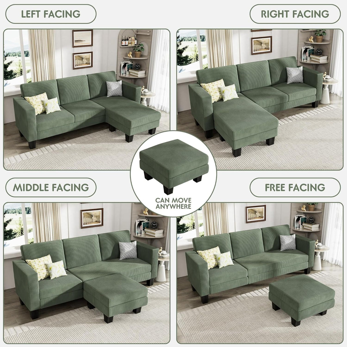 L-Shaped Convertible Sofa 3 Seater In Green With Footrest
