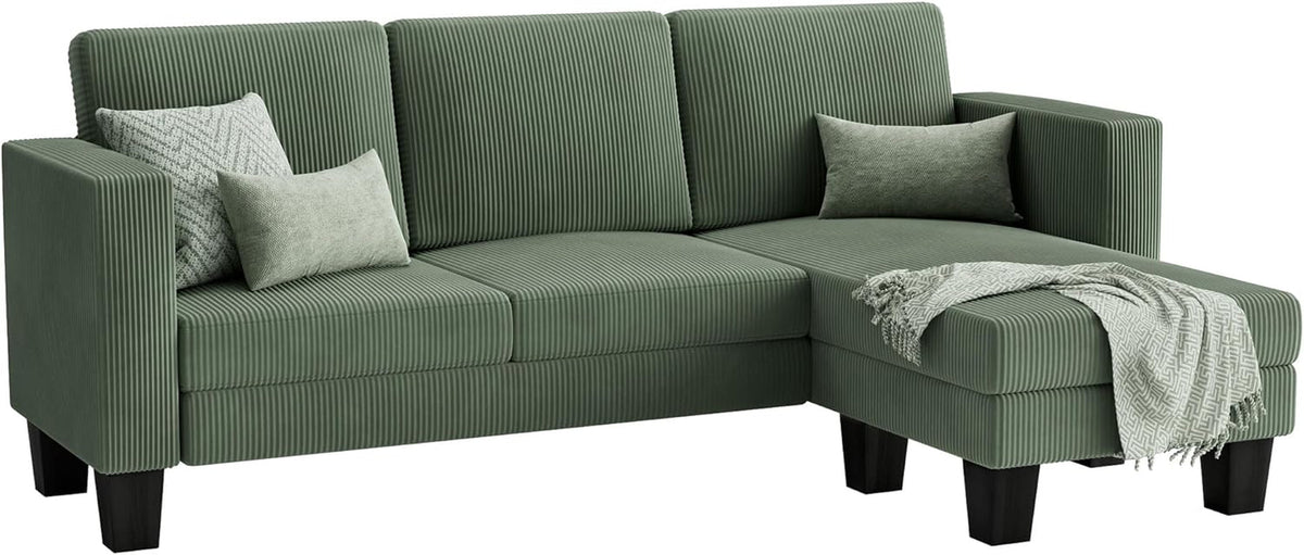 L-Shaped Convertible Sofa 3 Seater In Green With Footrest
