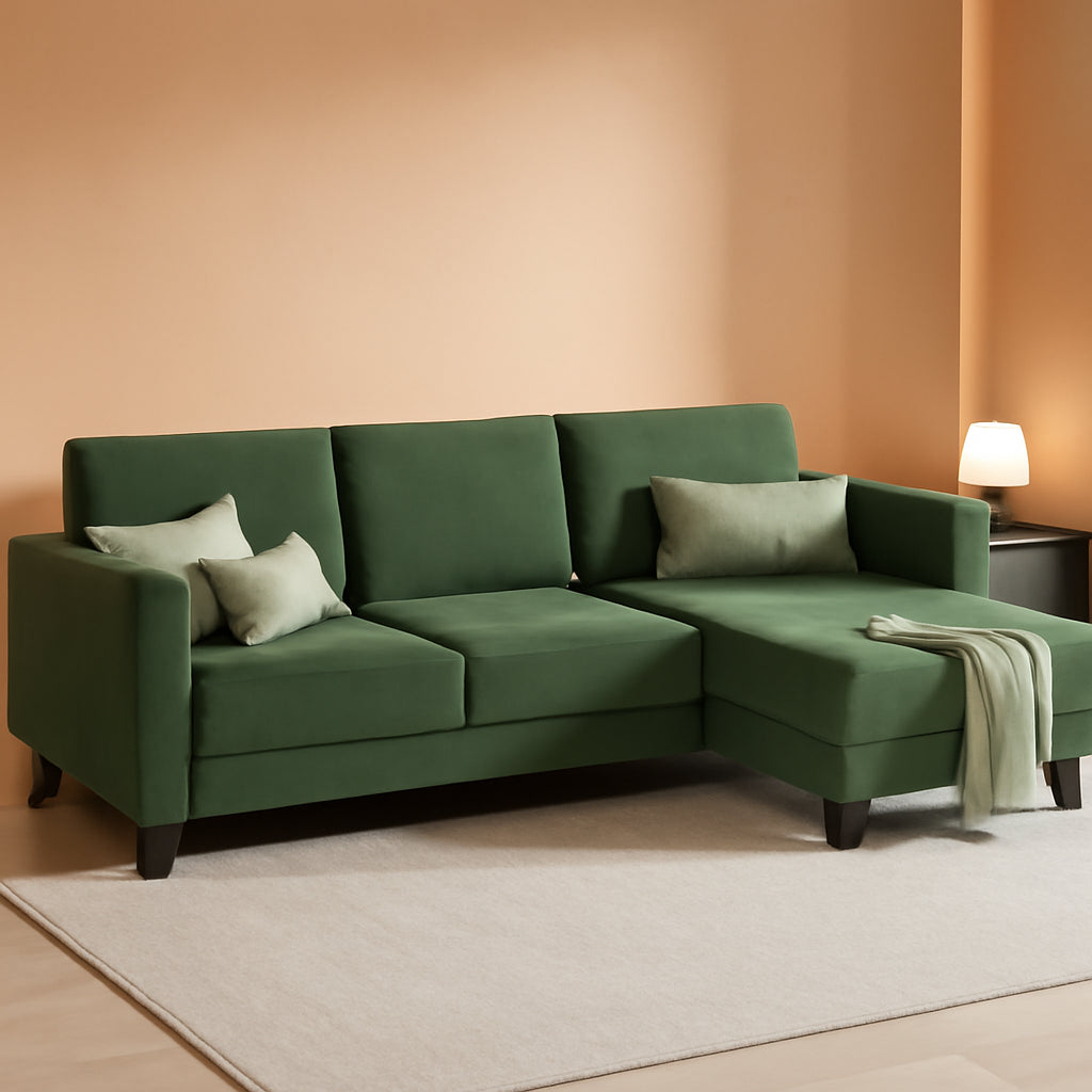 L-Shaped Convertible Sofa 3 Seater In Green With Footrest
