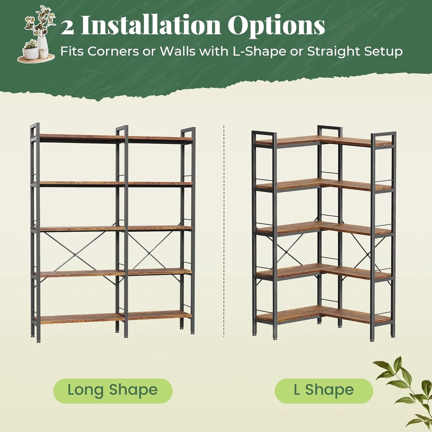 L Shaped Corner Bookshelf 49 Inch Rustic Brown Wood Metal Frame