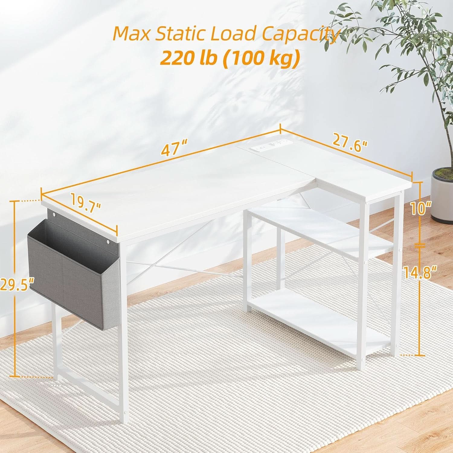 L Shaped Corner Desk 47 Inch With Power Outlets White
