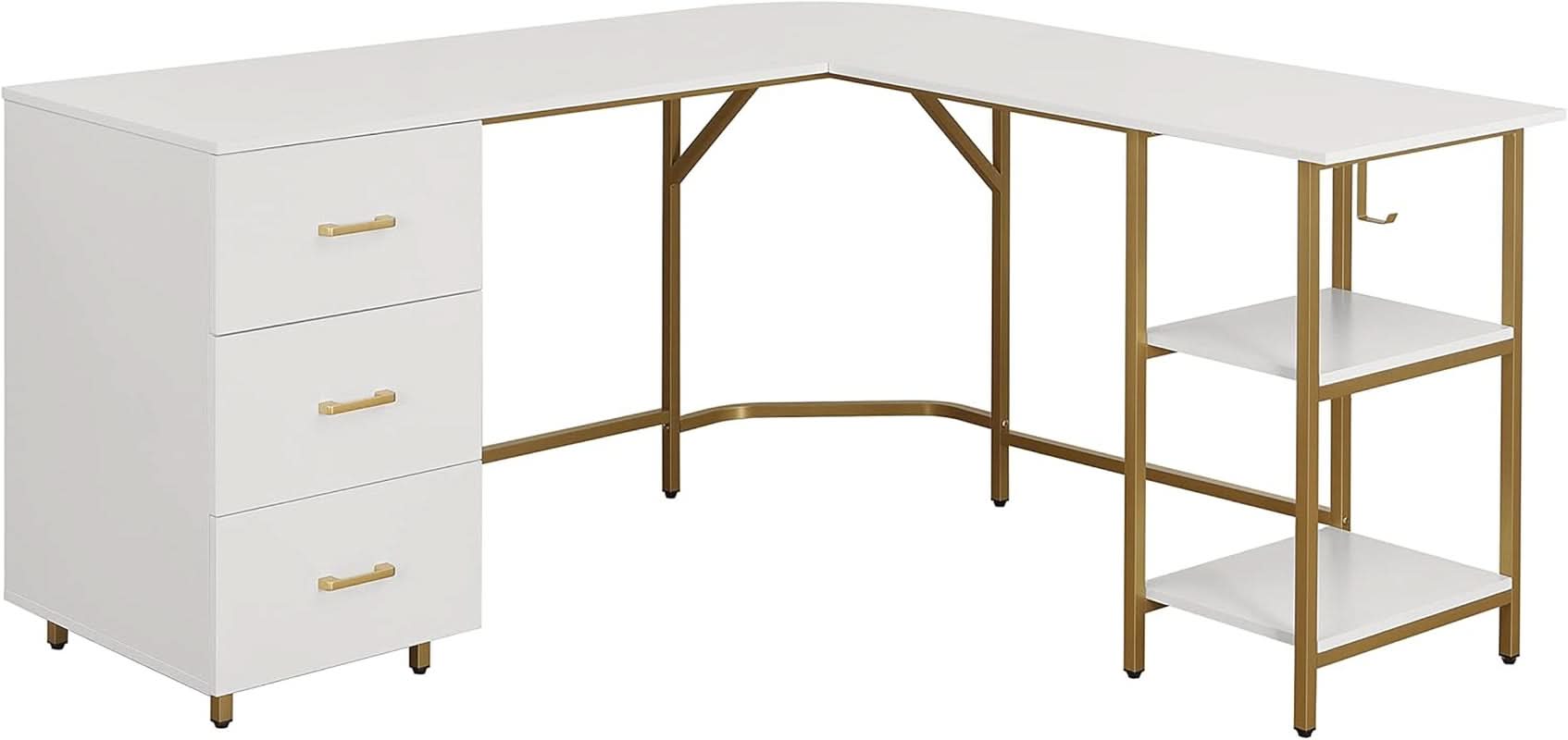 L Shaped Corner Desk Two Tone With Drawers And Shelves For Home Office