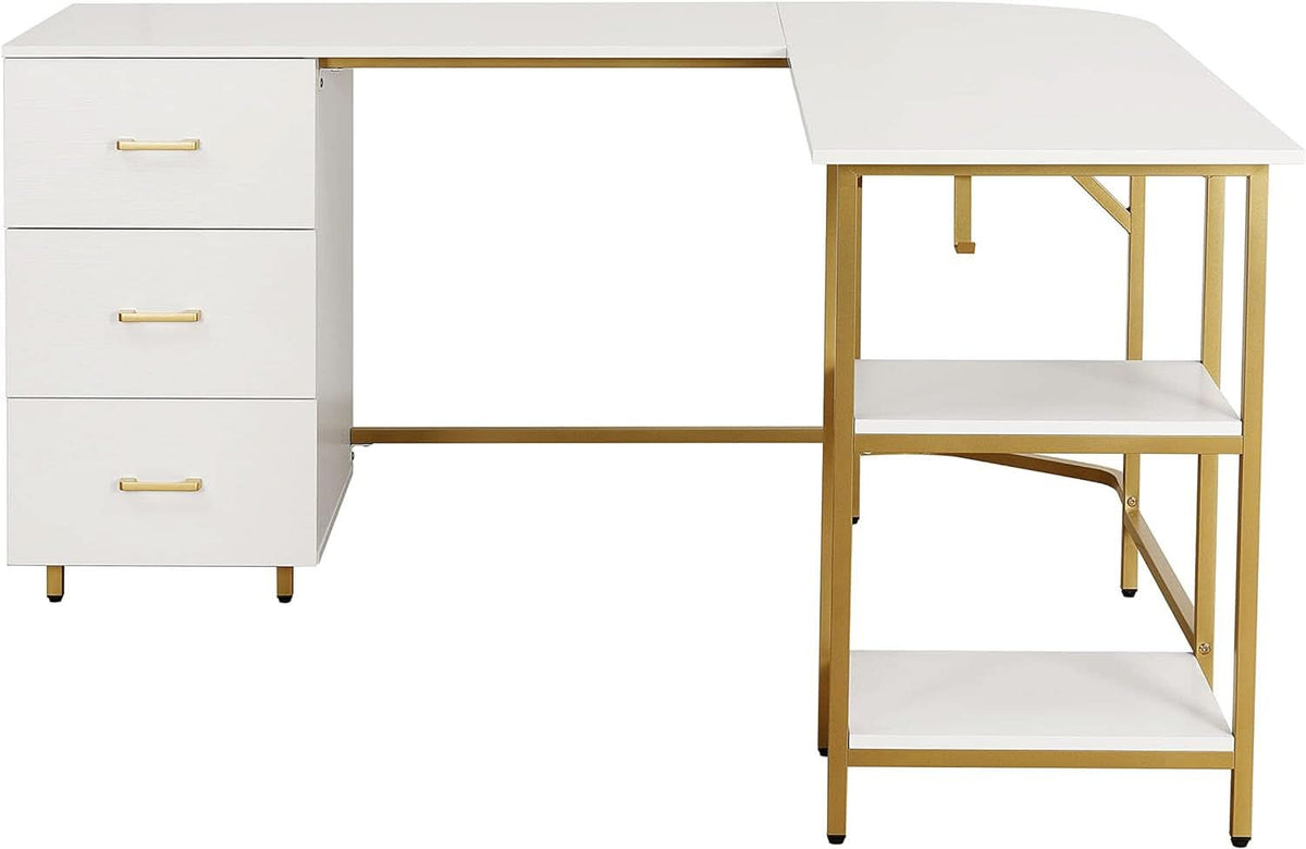 L Shaped Corner Desk Two Tone With Drawers And Shelves For Home Office