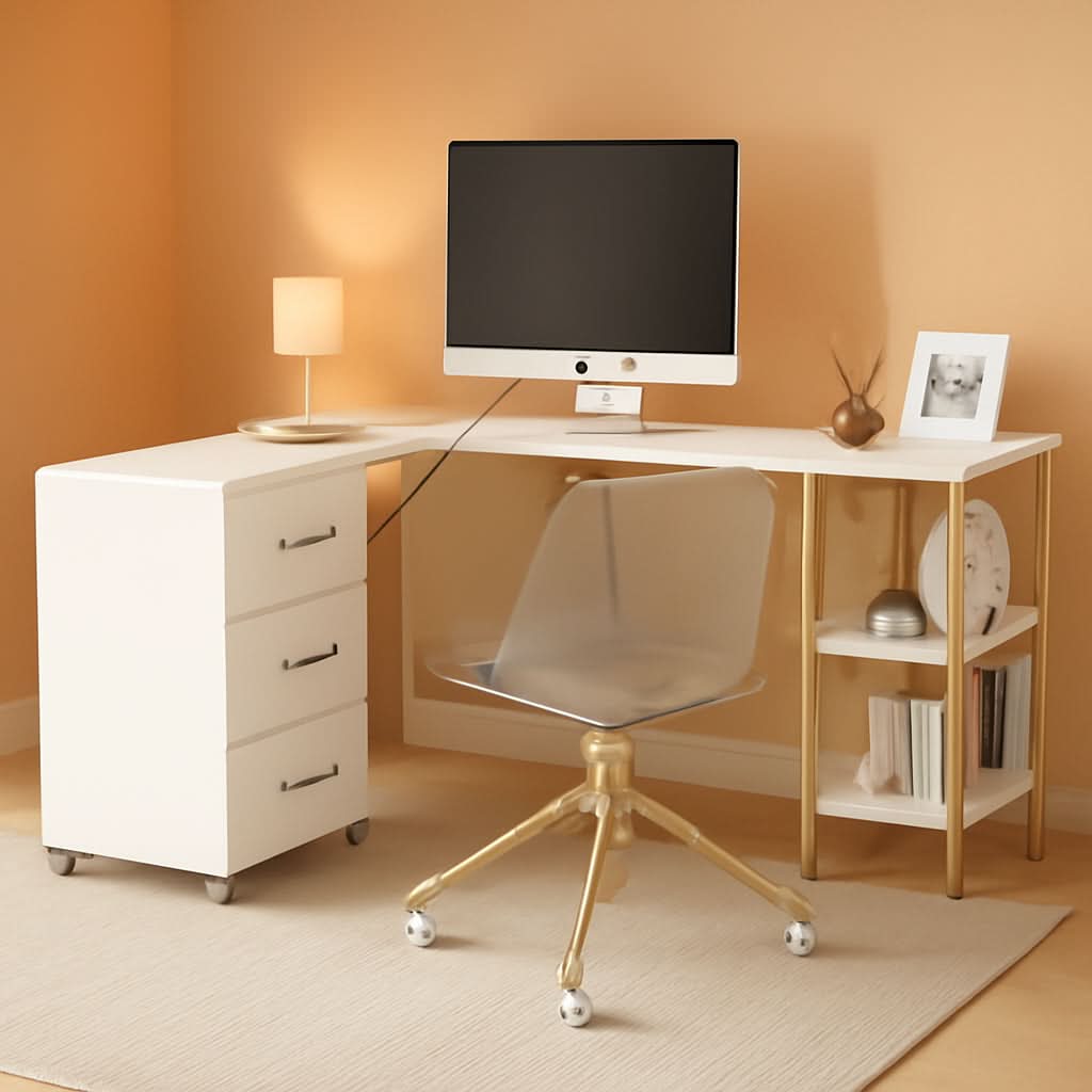 L Shaped Corner Desk Two Tone With Drawers And Shelves For Home Office