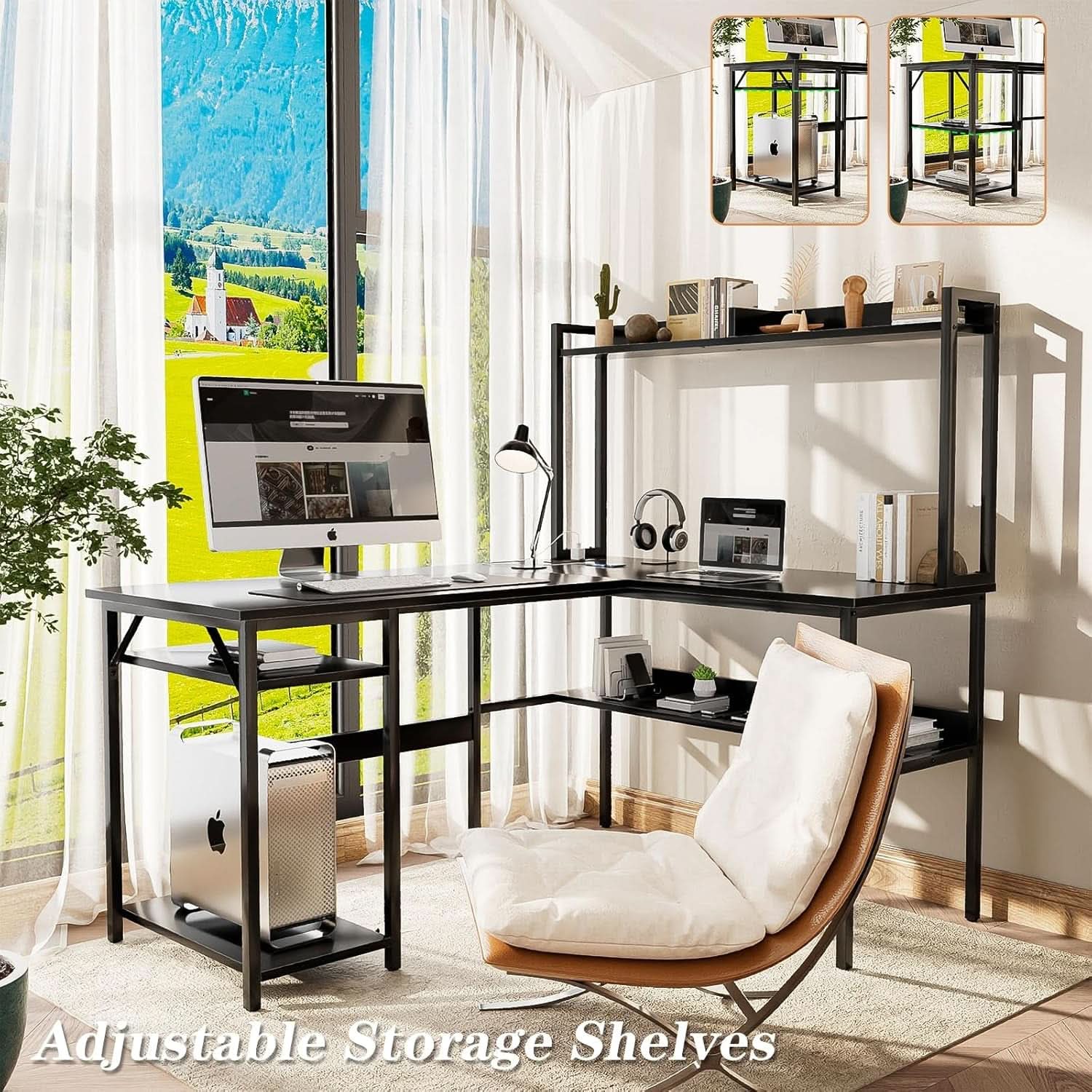 L Shaped Corner Desk With LED Lights And Storage Black