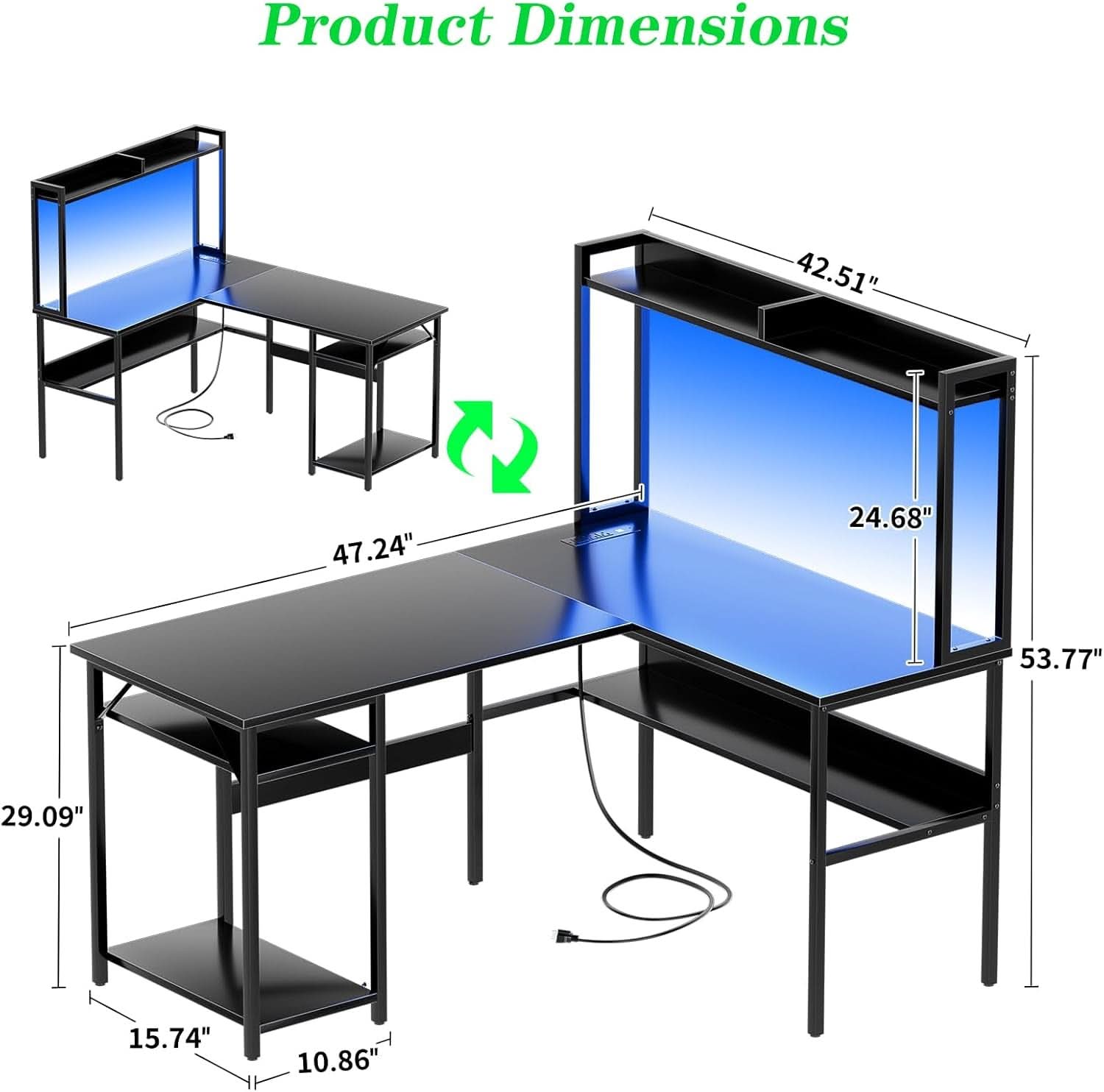 L Shaped Corner Desk With LED Lights And Storage Black