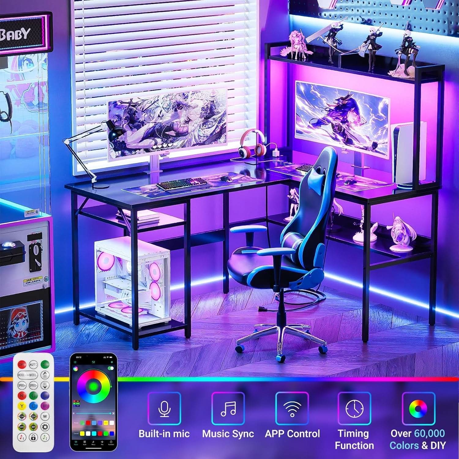 L Shaped Corner Desk With LED Lights And Storage Black