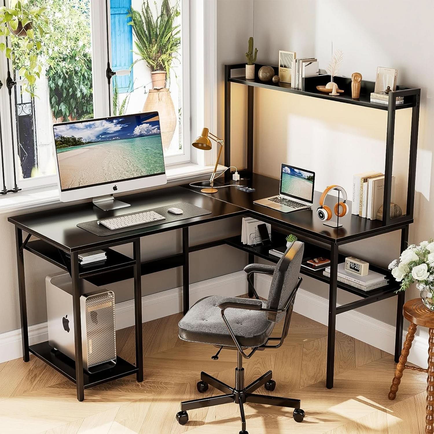 L Shaped Corner Desk With LED Lights And Storage Black