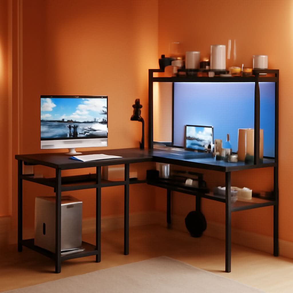 L Shaped Corner Desk With LED Lights And Storage Black